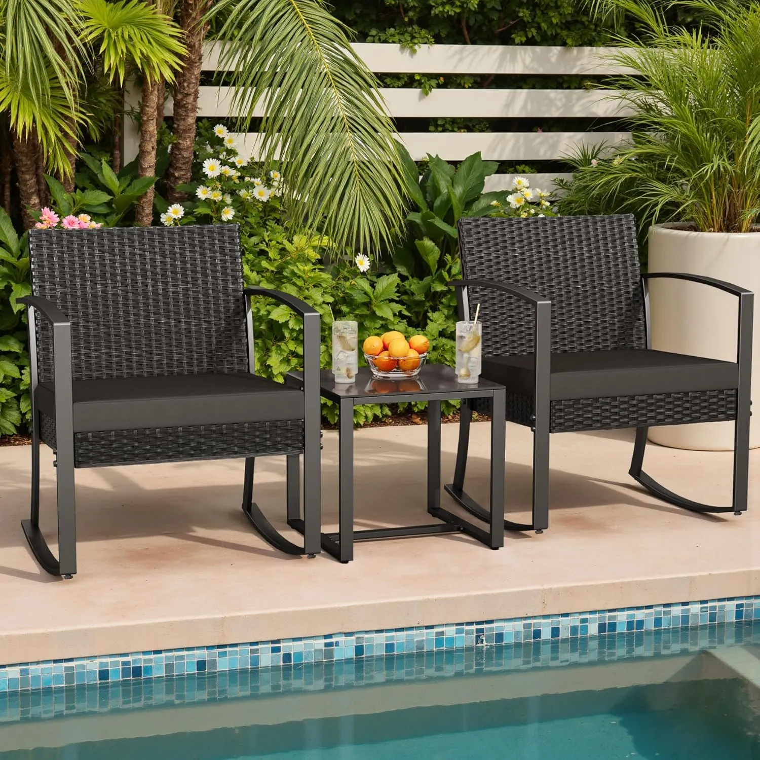Greesum 3 Piece Patio Furniture Set, All-Weather Imitation Rattan Conversation Set, Outdoor Rocking Chair Bistro Set with Glass Top Coffee Table for Pool, Deck, Porch, Garden or Balcony, Black