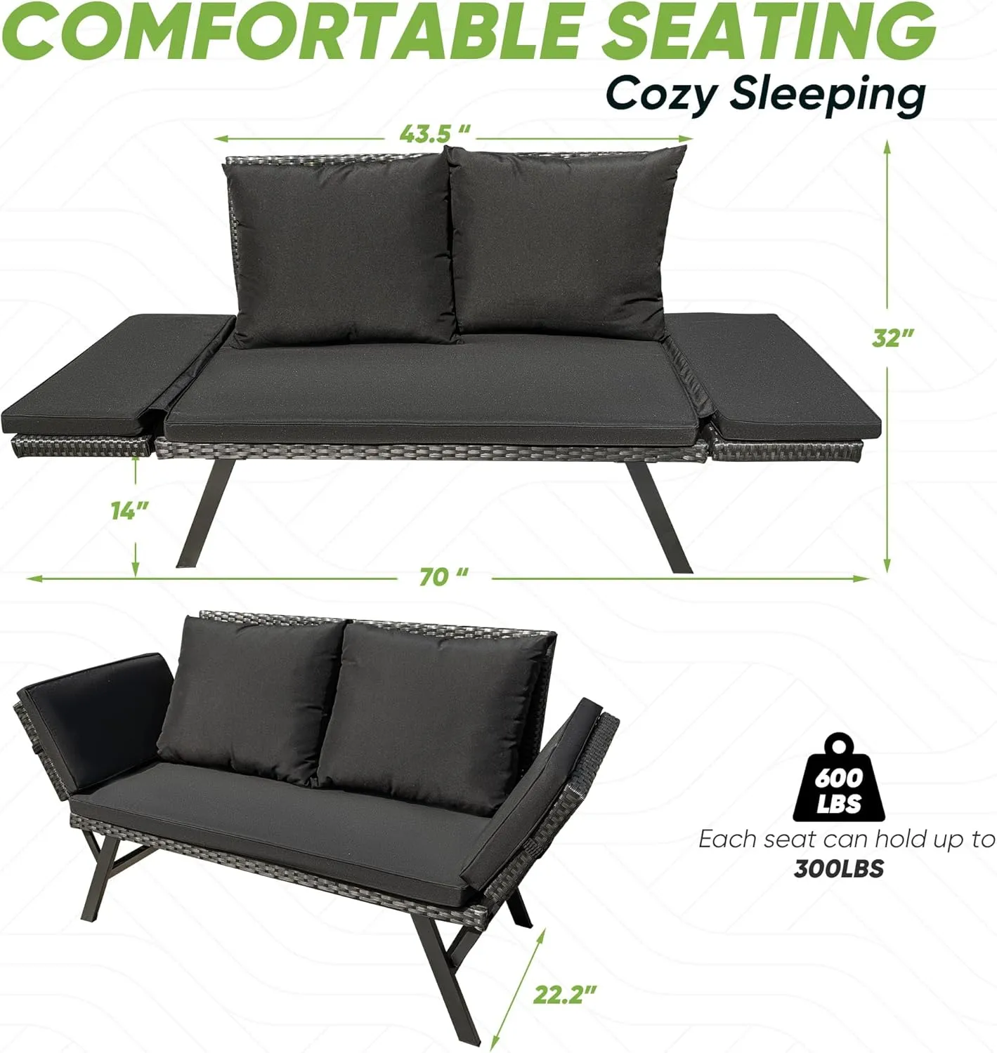 Greesum Outdoor Sofa, Woven Rattan Patio Furniture, Convertible Daybed or Double Chair with Adjustable Armrests, Cushions and Pillows for Yard, Porch, Pool, Black Lounger & Black Pillowcase