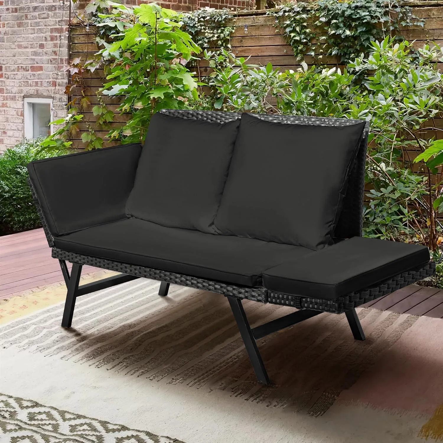 Greesum Outdoor Sofa, Woven Rattan Patio Furniture, Convertible Daybed or Double Chair with Adjustable Armrests, Cushions and Pillows for Yard, Porch, Pool, Black Lounger & Black Pillowcase