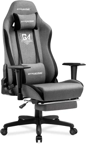 GTRACING Gaming Chair with Footrest, Fabric Breathable Big and Tall Ergonomic Computer Chair 350 lbs with Adjustable Lumbar Support and Recliner，High Back Game Chair for Office Gaming, Grey
