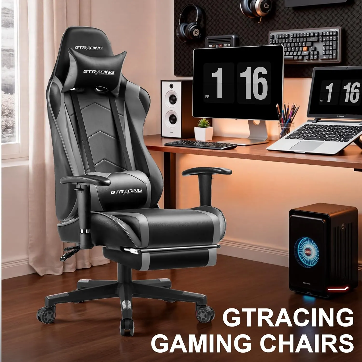 GTRACING Gaming Chair with Footrest, High Back Computer Chair Ergonomic Game Desk Chair Racing Executive Adjustable Swivel Rocker with Headrest and Lumbar Support