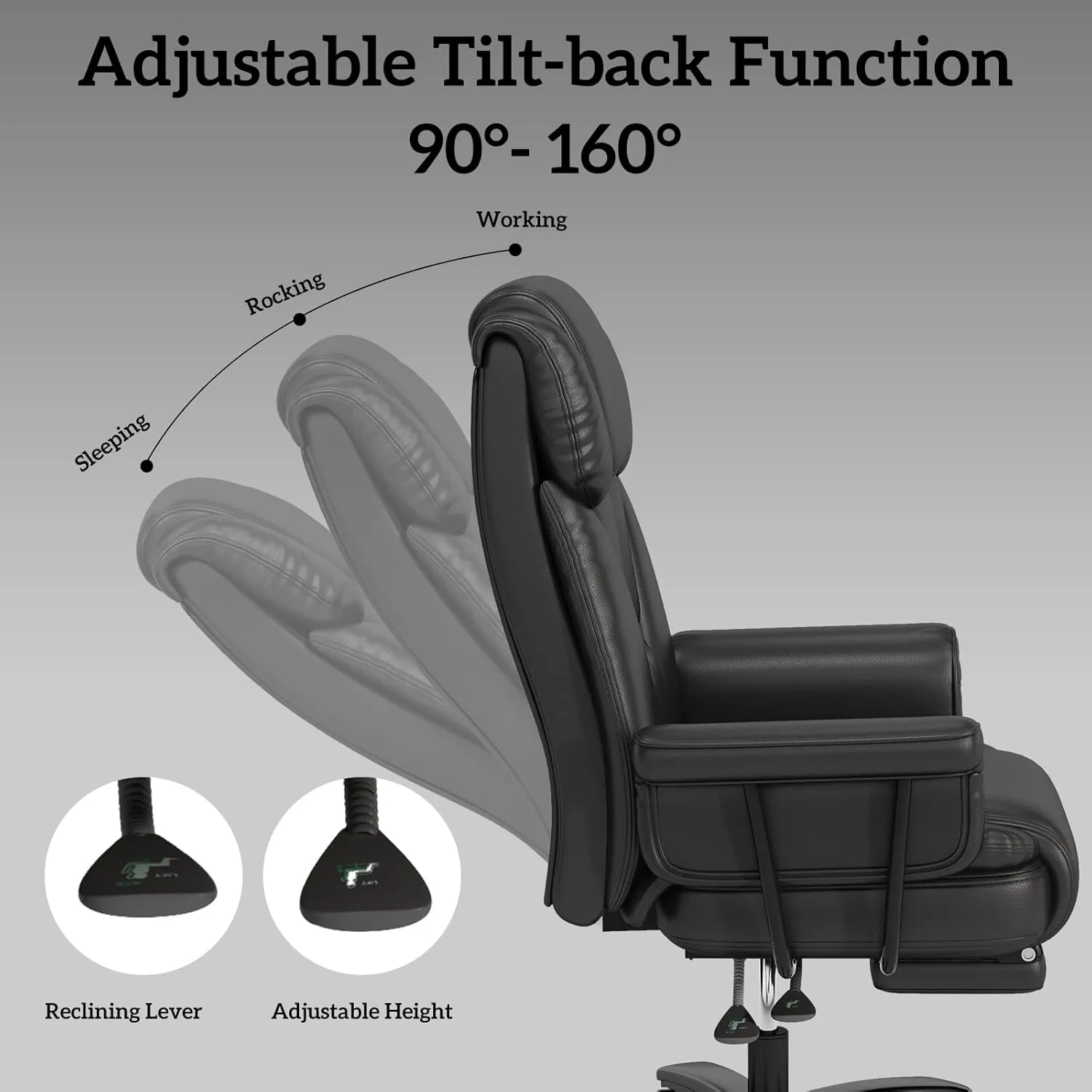 GYI Big and Tall Office Chair 400LBS, 160° High Back Reclining Office Desk Chair with Wide Seat, Arms, Footrest, Black