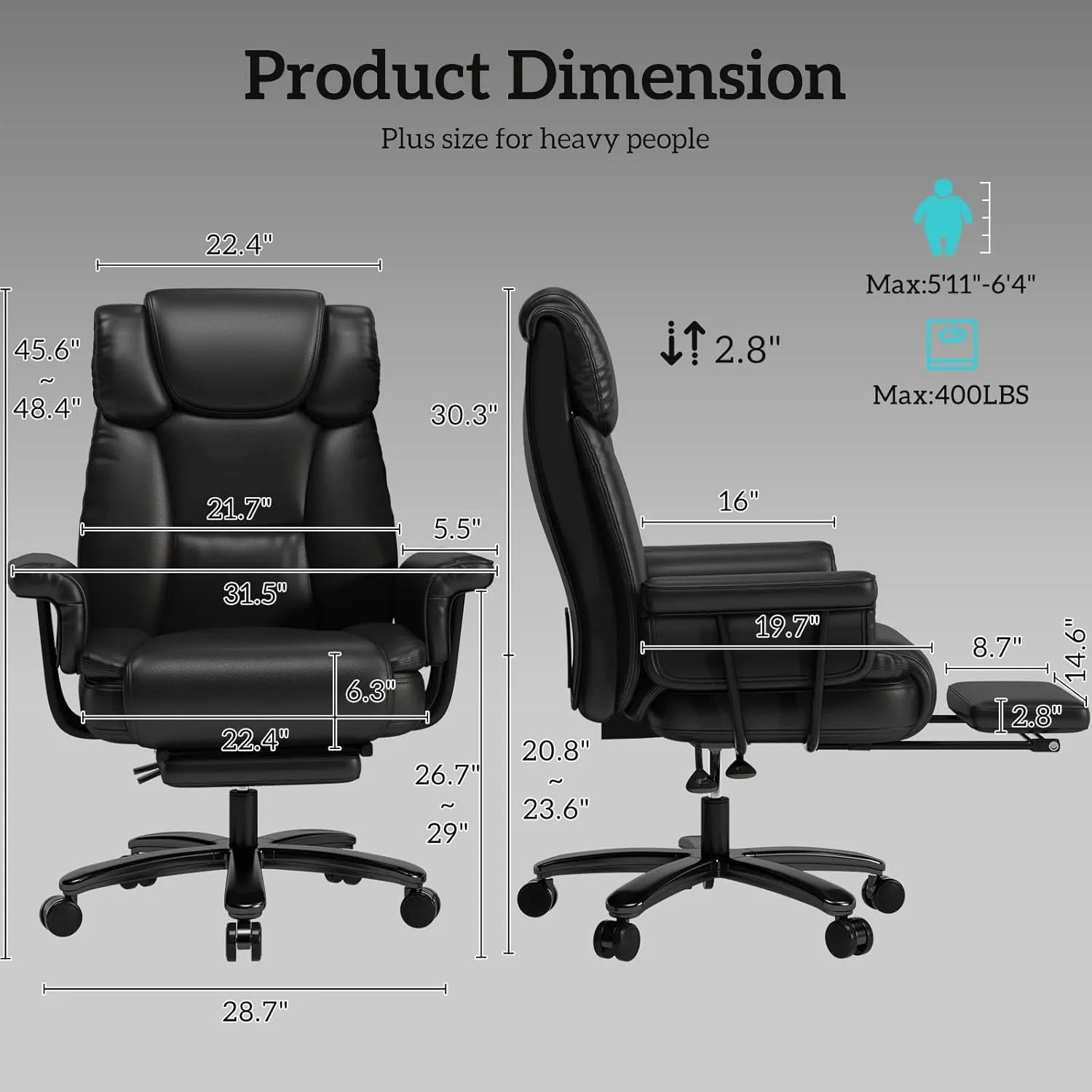GYI Big and Tall Office Chair 400LBS, 160° High Back Reclining Office Desk Chair with Wide Seat, Arms, Footrest, Black