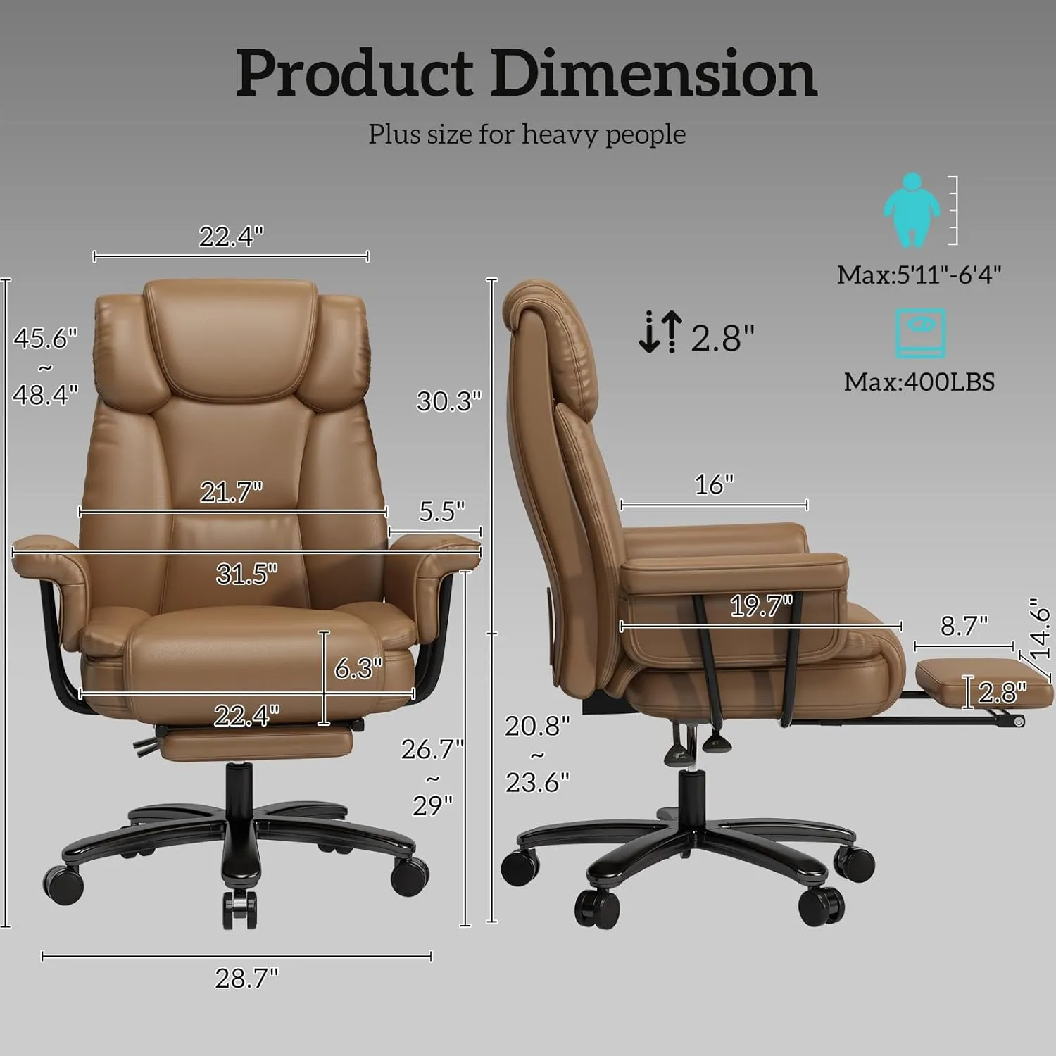 GYI Big and Tall Office Chair 400LBS, 160° High Back Reclining Office Desk Chair with Wide Seat, Arms, Footrest, Brown