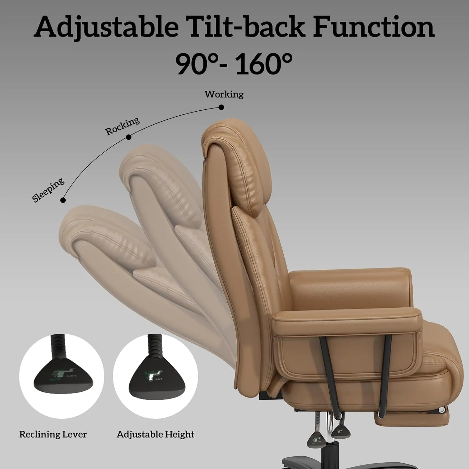 GYI Big and Tall Office Chair 400LBS, 160° High Back Reclining Office Desk Chair with Wide Seat, Arms, Footrest, Brown