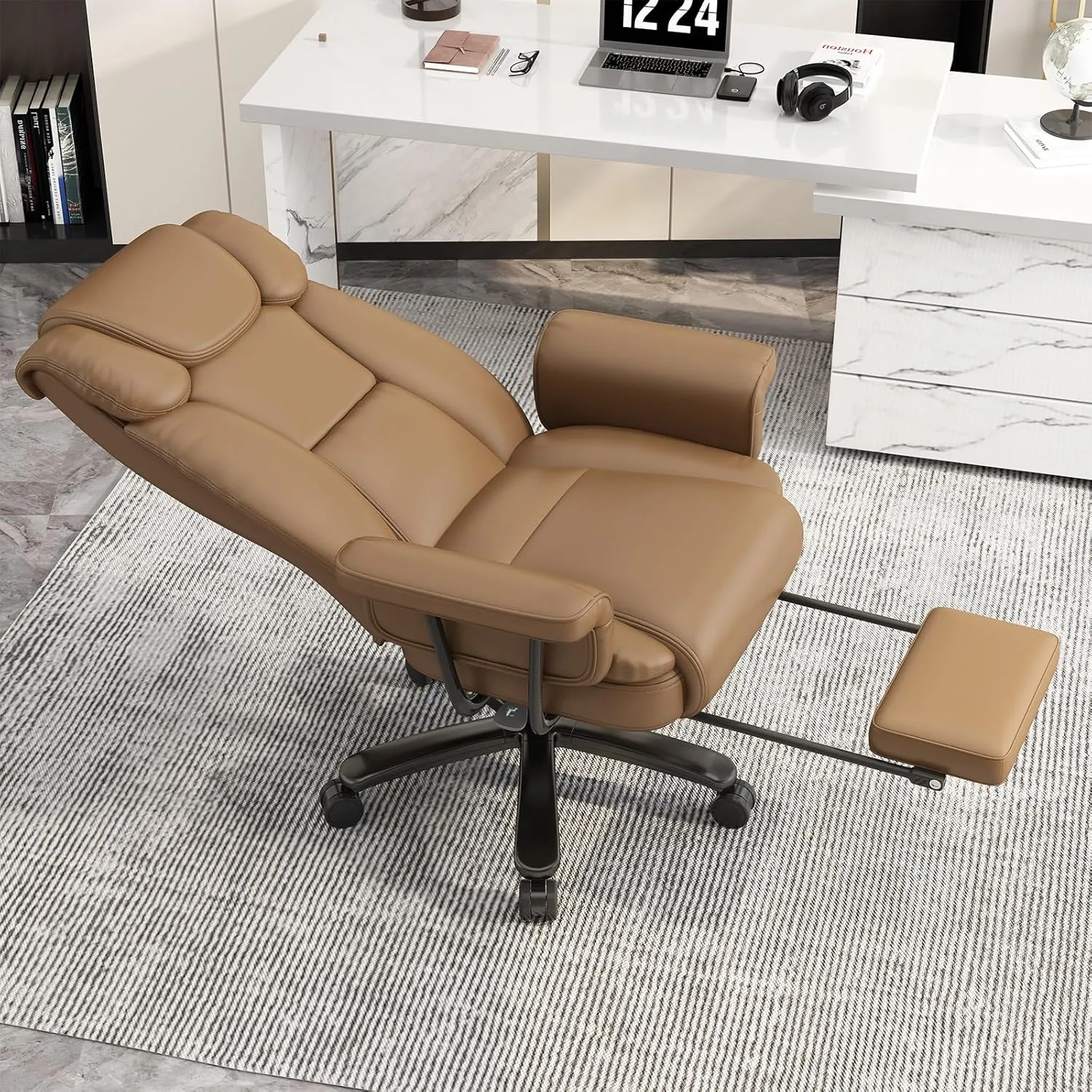 GYI Big and Tall Office Chair 400LBS, 160° High Back Reclining Office Desk Chair with Wide Seat, Arms, Footrest, Brown