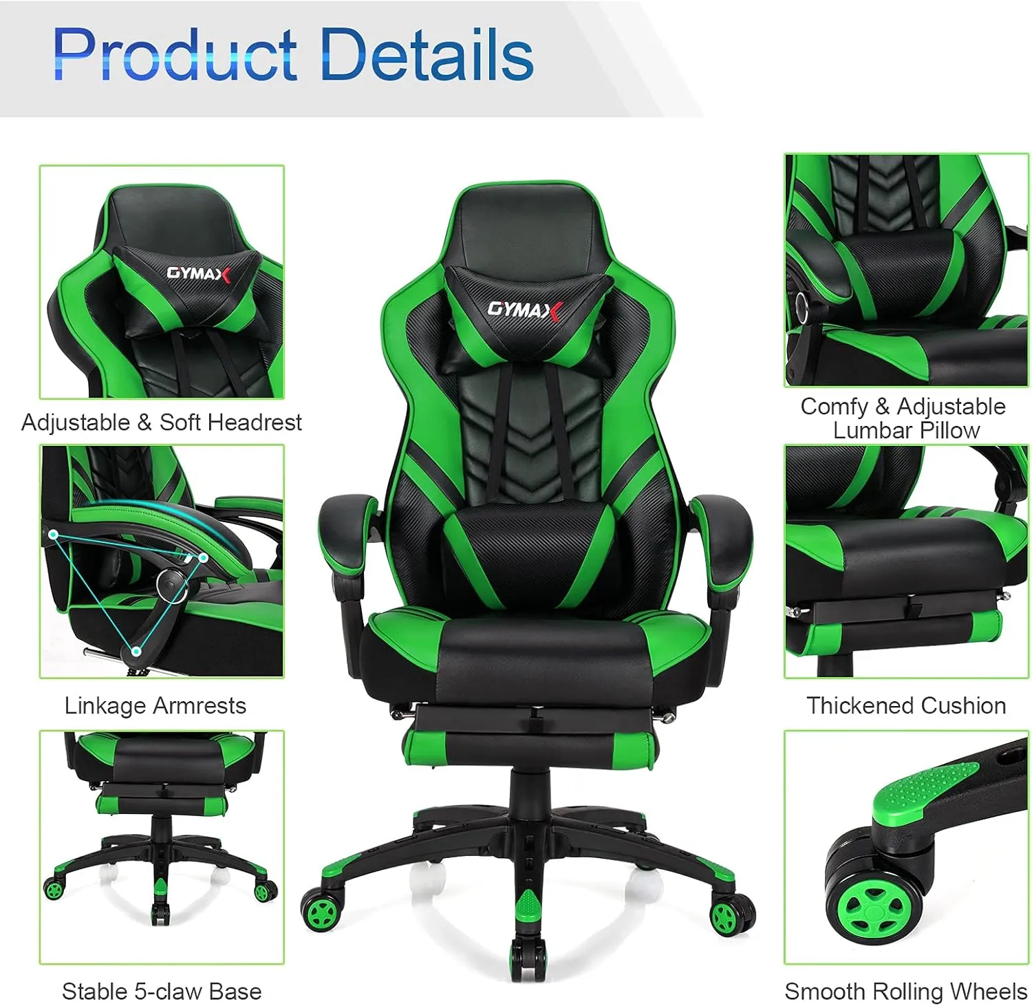 GYMAX Gaming Chair, Ergonomic Computer Chair with Footrest, Linkage Armrests & Lumbar Cushion, Big Wide High Back Video Gaming Chair, Reclining Office Rolling Chair for Adult/Teens (Green)