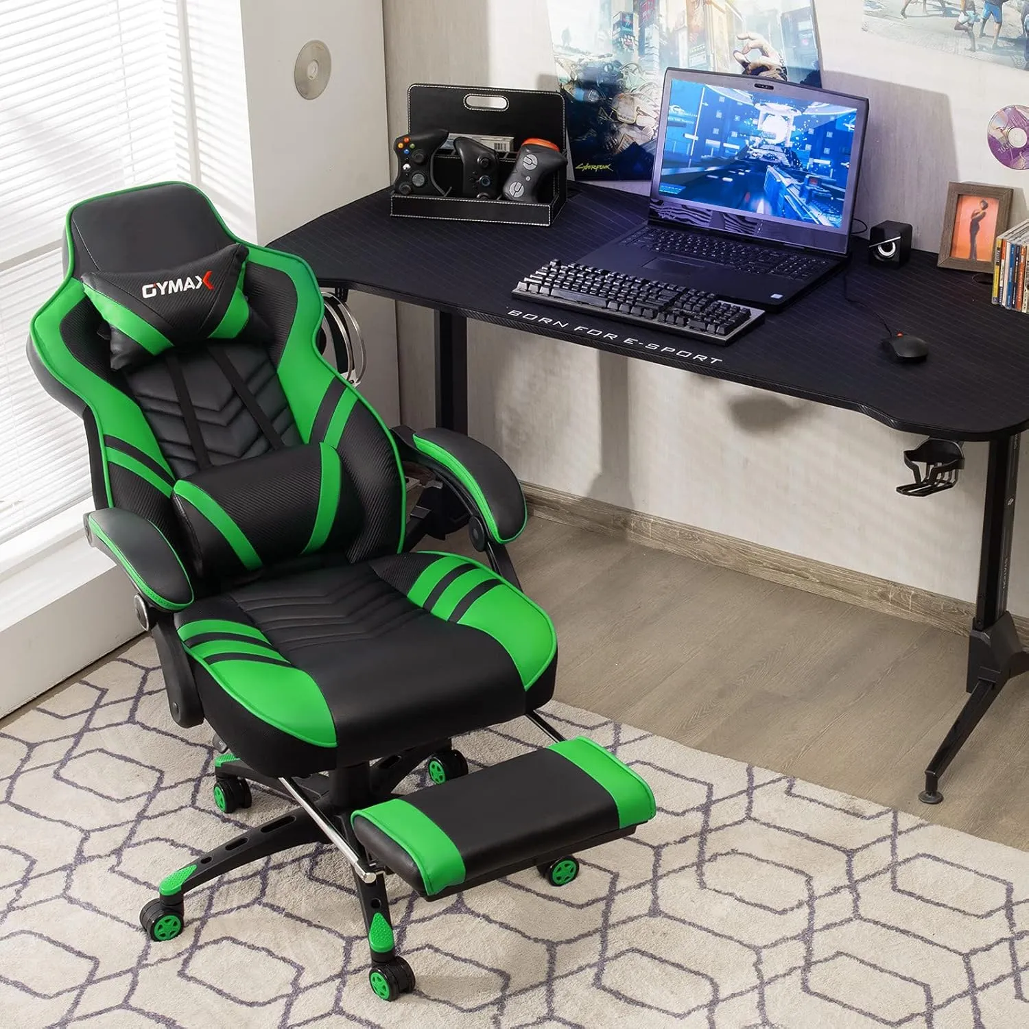 GYMAX Gaming Chair, Ergonomic Computer Chair with Footrest, Linkage Armrests & Lumbar Cushion, Big Wide High Back Video Gaming Chair, Reclining Office Rolling Chair for Adult/Teens (Green)