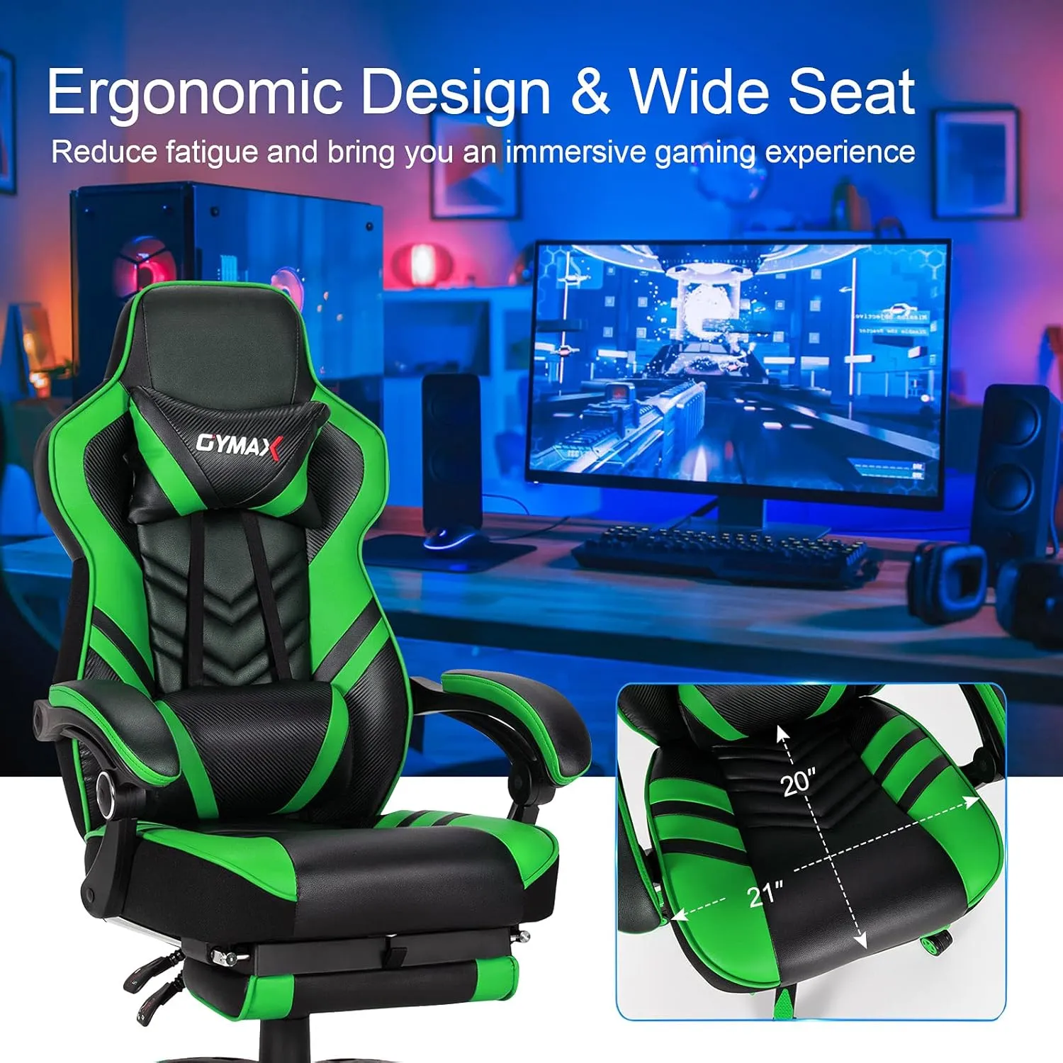 GYMAX Gaming Chair, Ergonomic Computer Chair with Footrest, Linkage Armrests & Lumbar Cushion, Big Wide High Back Video Gaming Chair, Reclining Office Rolling Chair for Adult/Teens (Green)