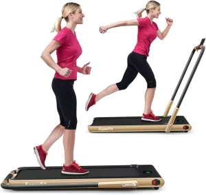 GYMAX Walking Pad, 2 in 1 Free Installation Under Desk Treadmill with Remote Control & LED Display, 2.25HP Foldable Portable Compact Running Machine for Small Spaces Home Office (Gold)