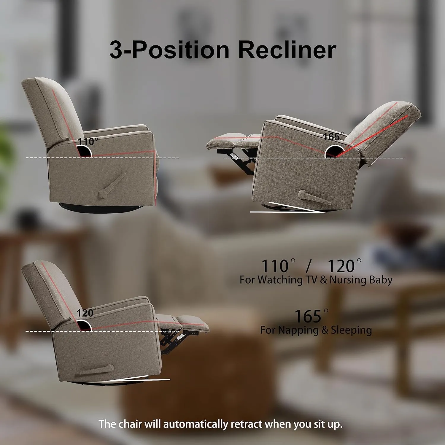 Harkawon Swivel Recliner Chair Glider Rocking Recliner Fabric Chair, Comfy Upholstered Glider Rocker for Nursery, Modern Armchair with Tall Back for Living Room, Bedroom (tanish Grey)