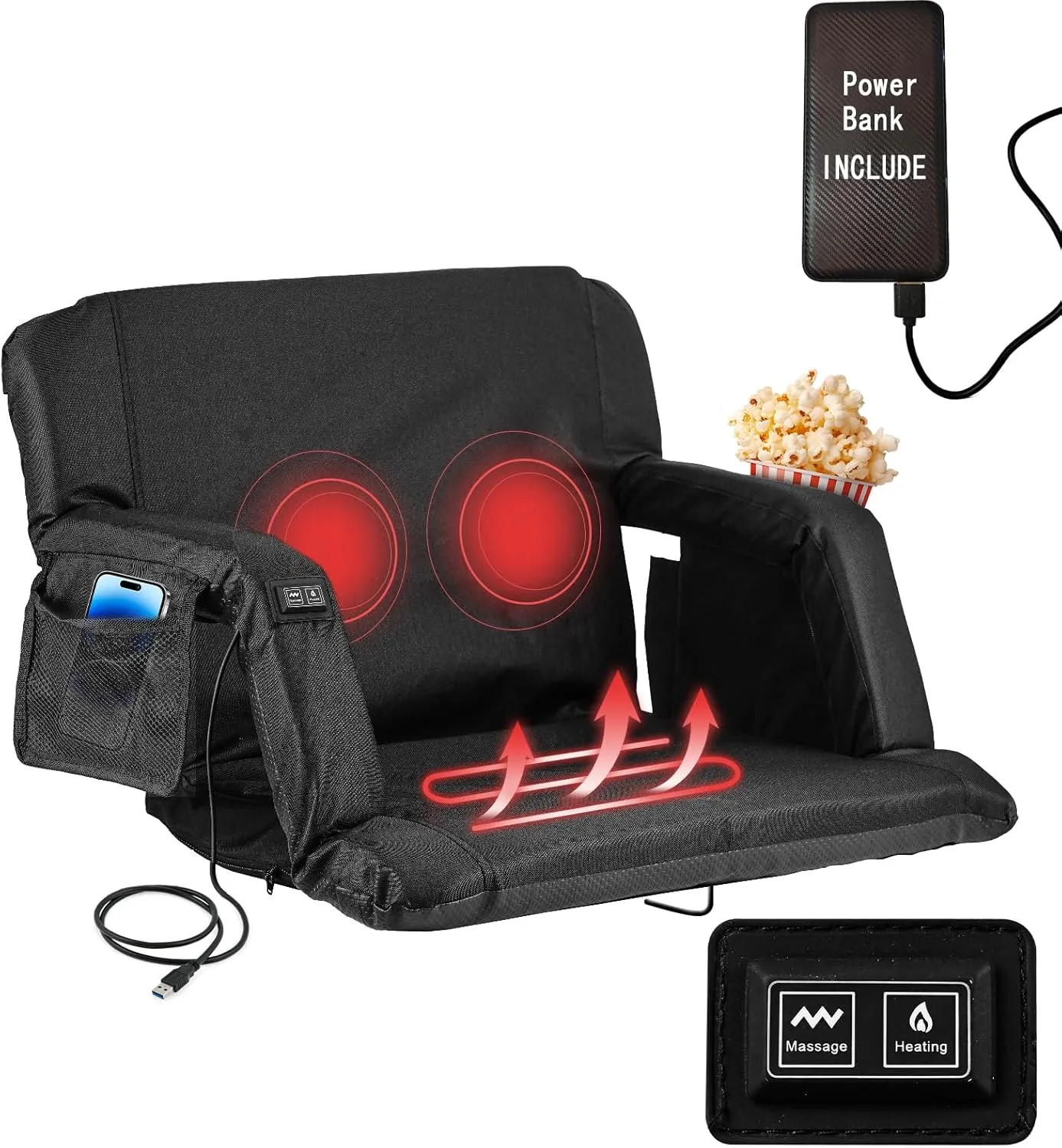 Heated Massage Stadium Seats, 25 Inch Heated Stadium Seats for Bleachers with 10000mAh Power Bank, 3 Levels of Heat & 6 Massage, 6 Reclining Positions for Indoor Stadiums, Baseball Stadiums