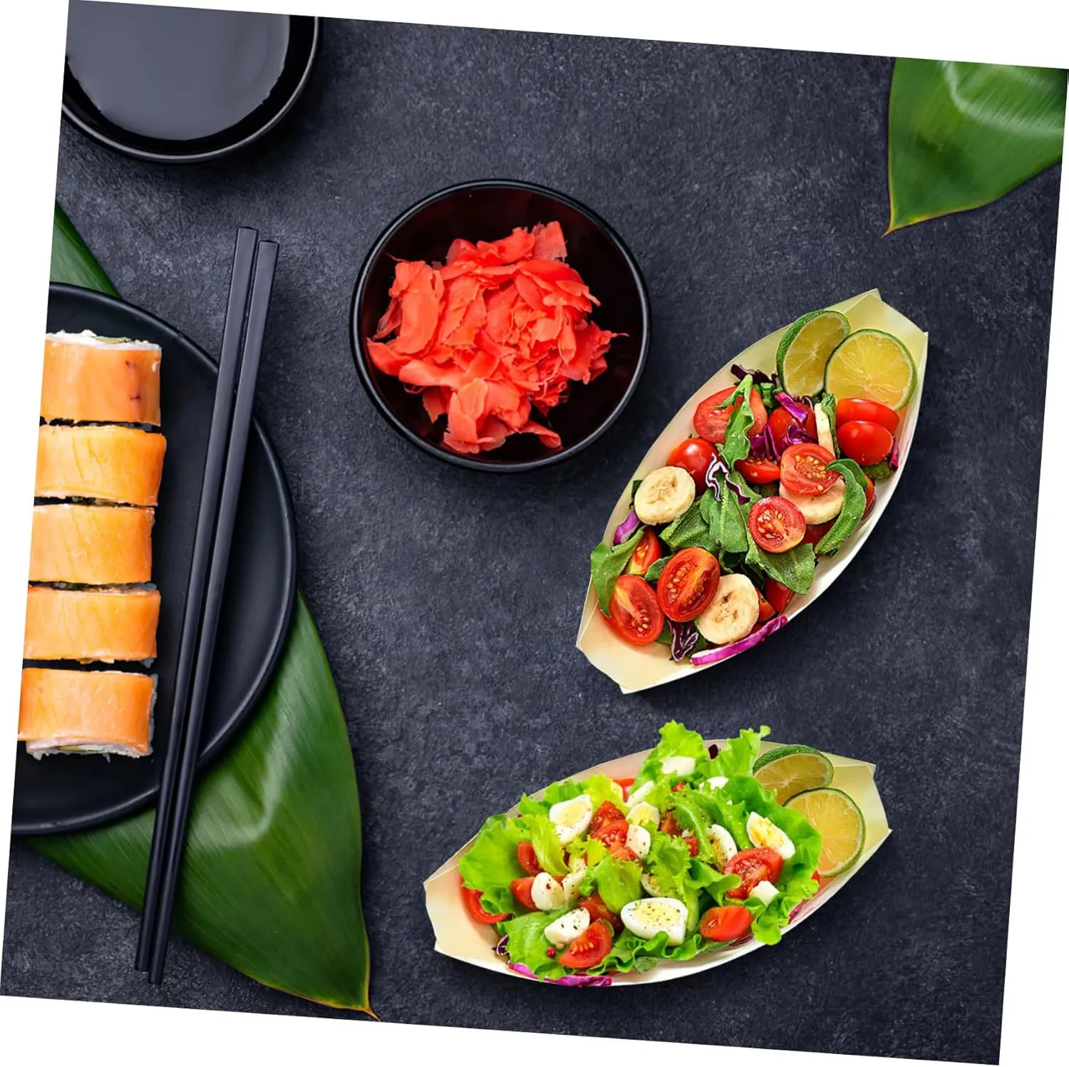 HEMOTON 3sets Wooden Serving Boat Snack Container Natural Sushi Bowl Food Grade Wood Ideal for Birthday Parties Camping 50pcs*3