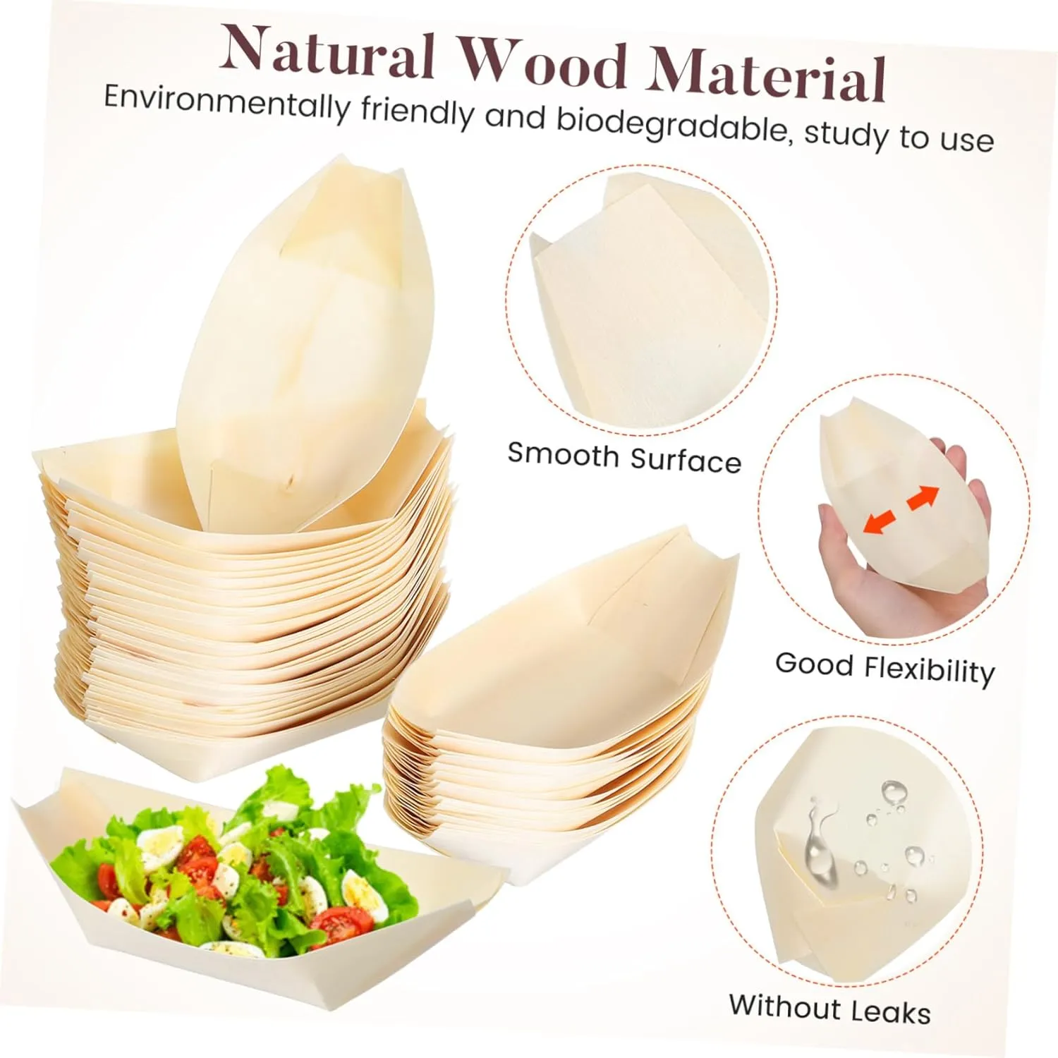 HEMOTON 3sets Wooden Serving Boat Snack Container Natural Sushi Bowl Food Grade Wood Ideal for Birthday Parties Camping 50pcs*3