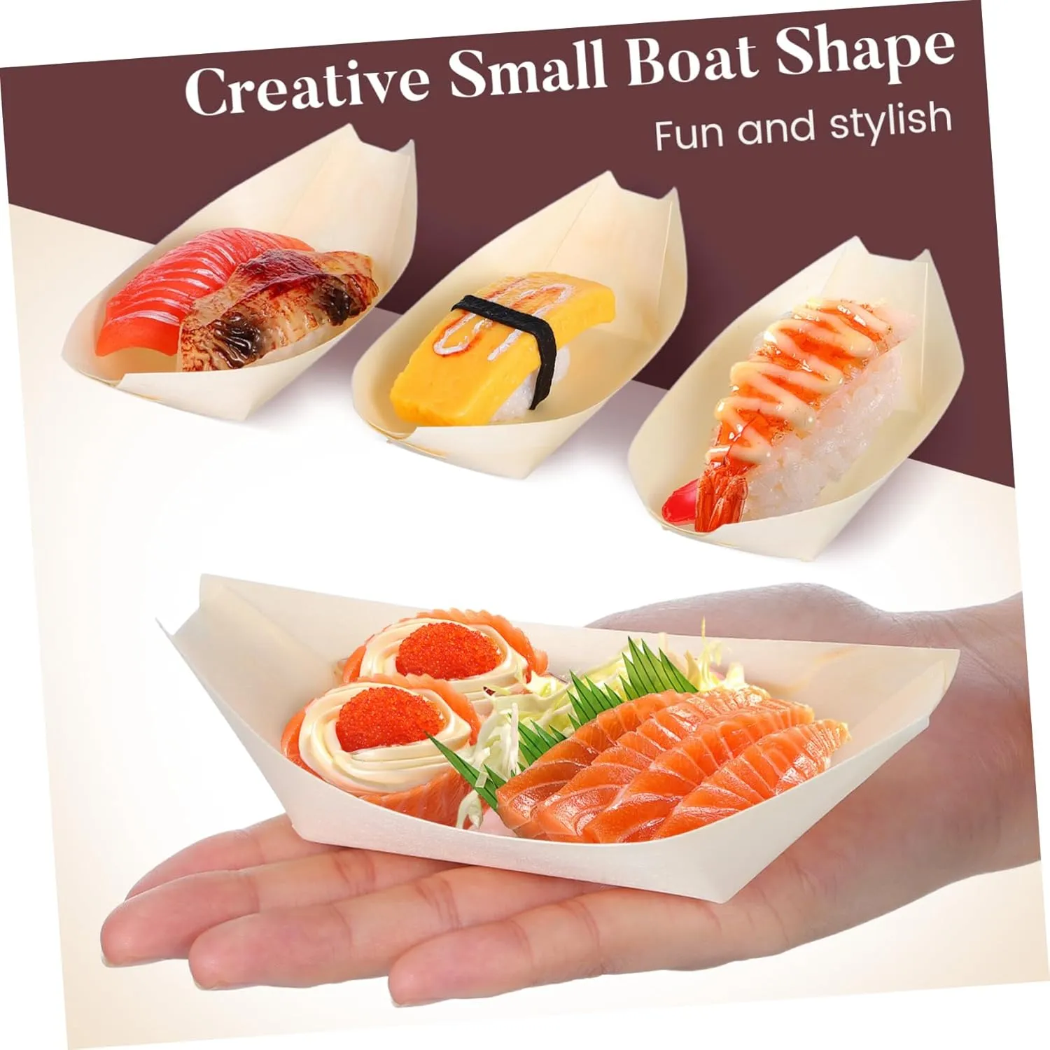 HEMOTON 3sets Wooden Serving Boat Snack Container Natural Sushi Bowl Food Grade Wood Ideal for Birthday Parties Camping 50pcs*3