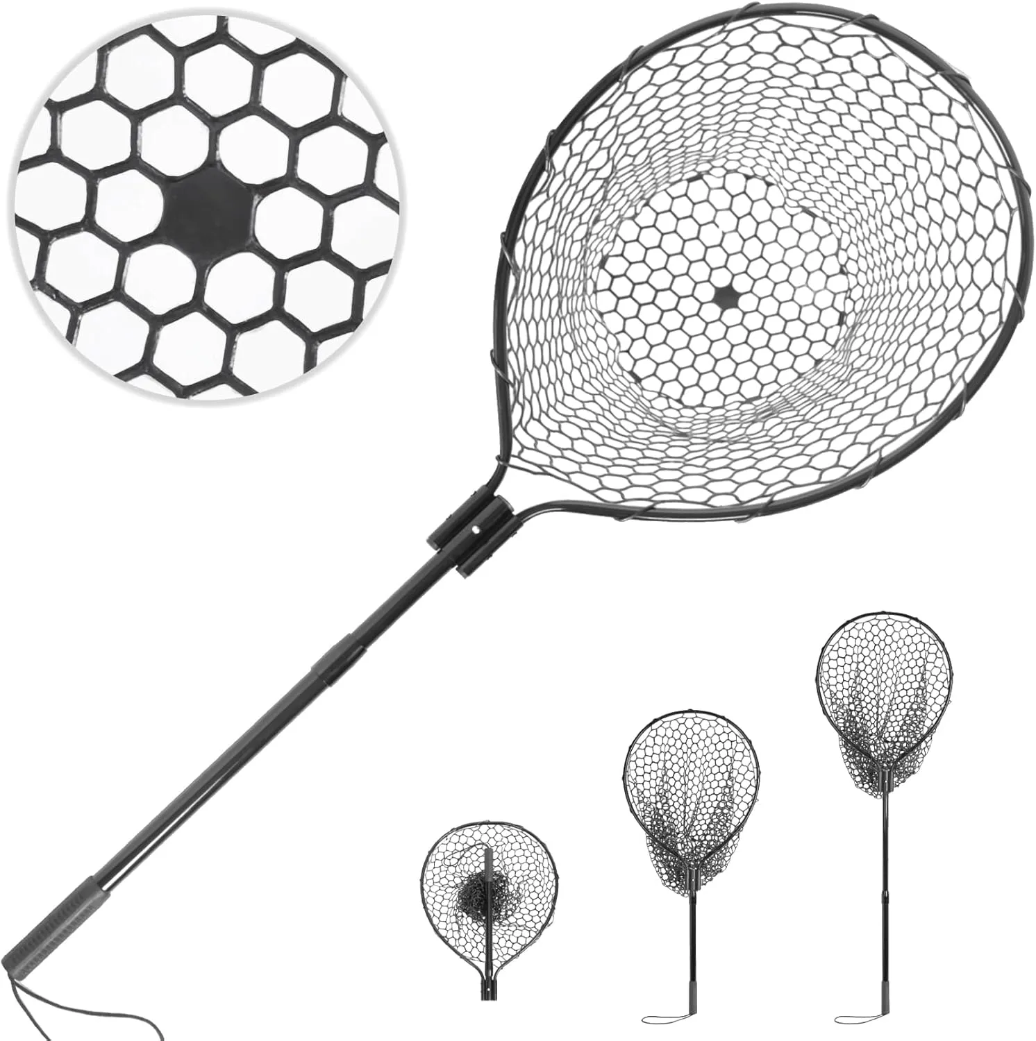 High Strength Large Landing Net - Telescoping Fishing Net with 2 Section Long Handle and Soft Rubber Net, Kayak/Fly Fishing Net - Overall Length: 60″, Hoop Size 23″ x 18″, Depth 19.5″