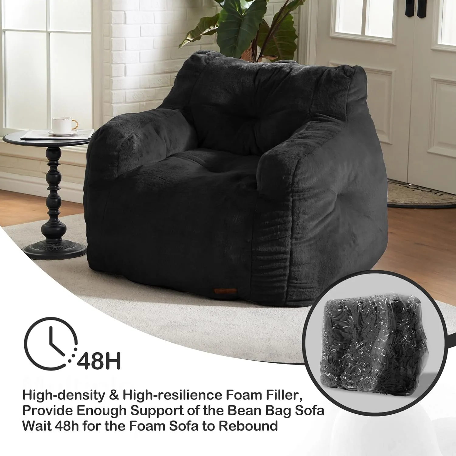 Hobestluk Bean Bag Chair for Adult Small Bean Bag Chairs with Arms Furry Beanbag Chair with Foam Filler Stuffed Bean Bag Sofa for Reading in Bedroom Living Room and Dorms (Black)
