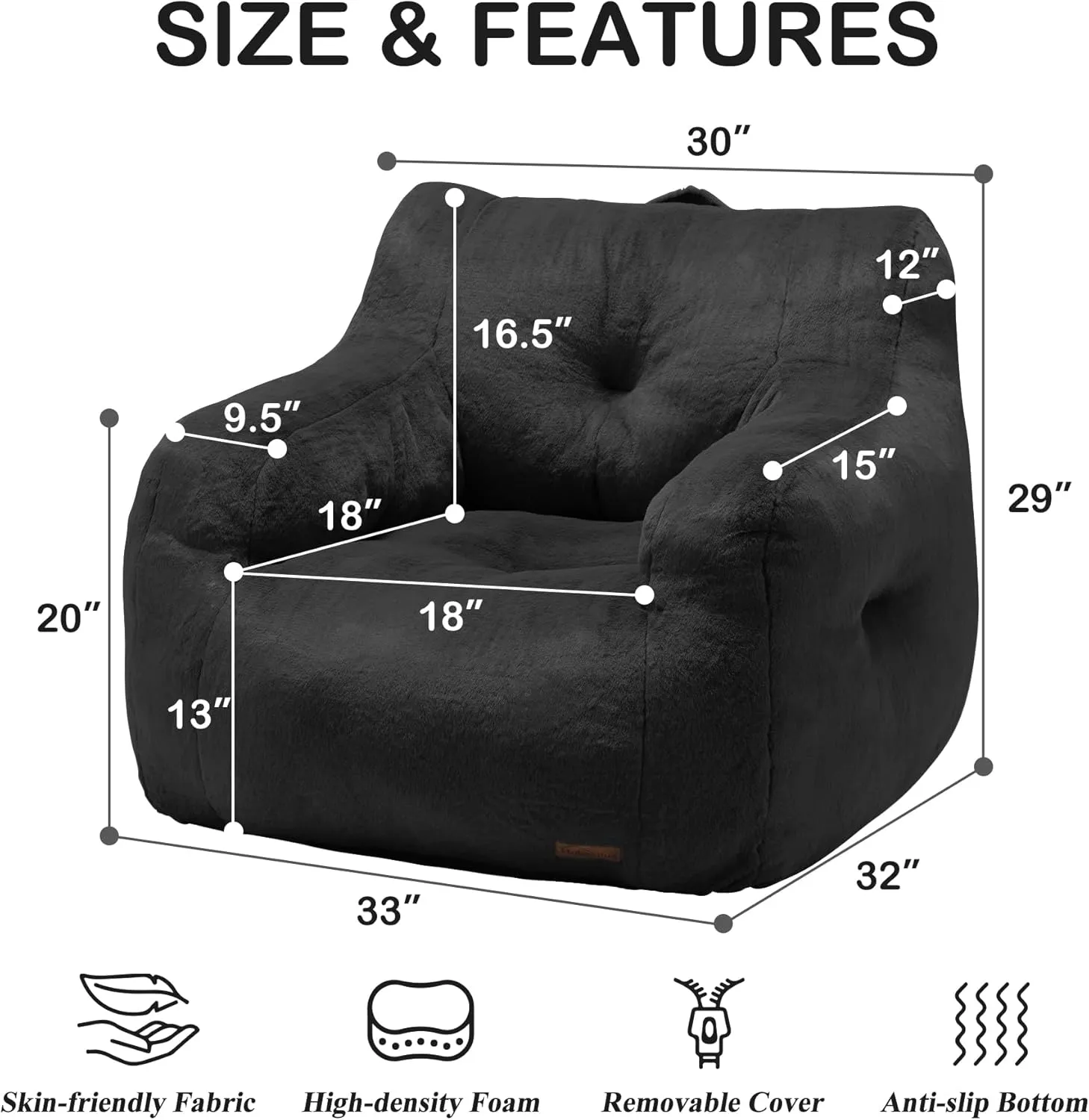 Hobestluk Bean Bag Chair for Adult Small Bean Bag Chairs with Arms Furry Beanbag Chair with Foam Filler Stuffed Bean Bag Sofa for Reading in Bedroom Living Room and Dorms (Black)