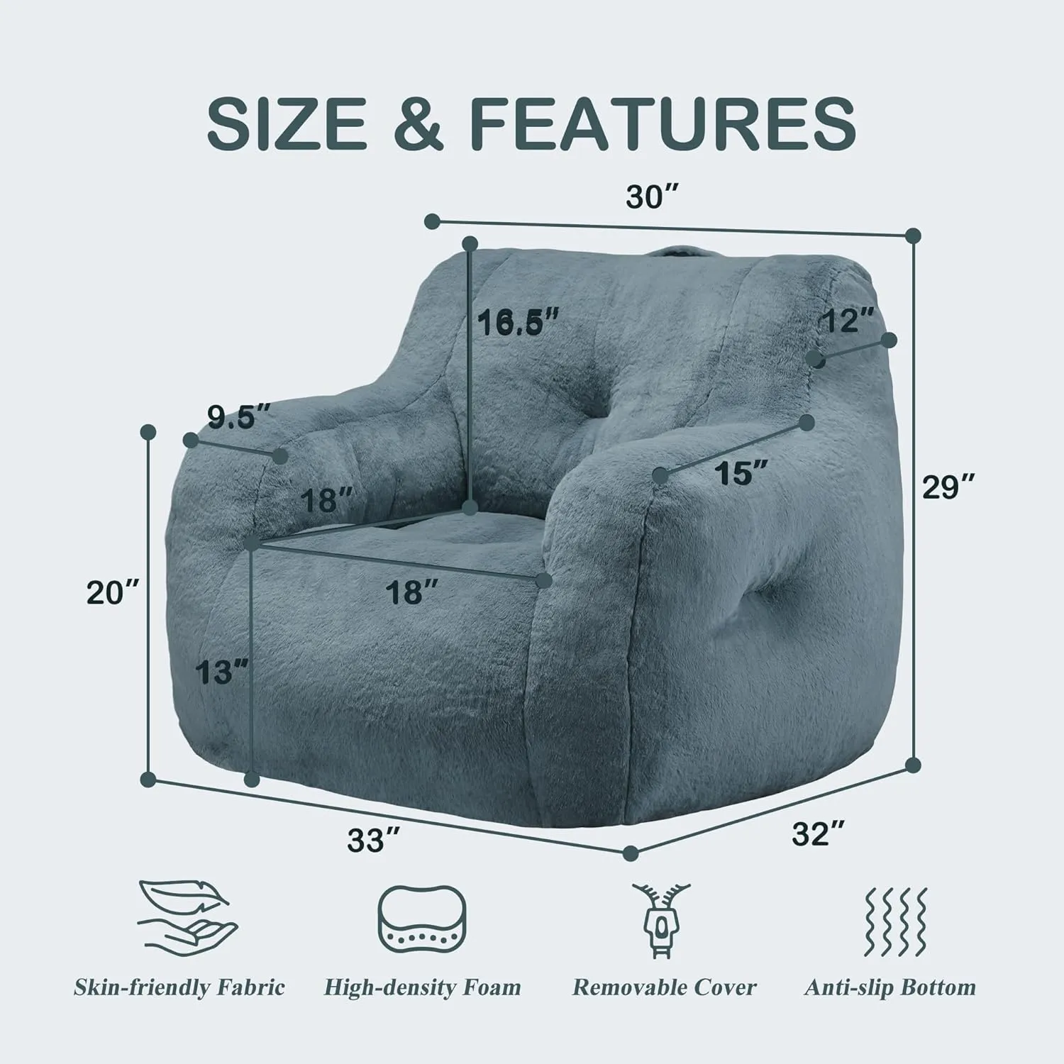 Hobestluk Bean Bag Chair for Adult Small Bean Bag Chairs with Arms Furry Beanbag Chair with Foam Filler Stuffed Bean Bag Sofa for Reading in Bedroom Living Room and Dorms (Blue Grey)