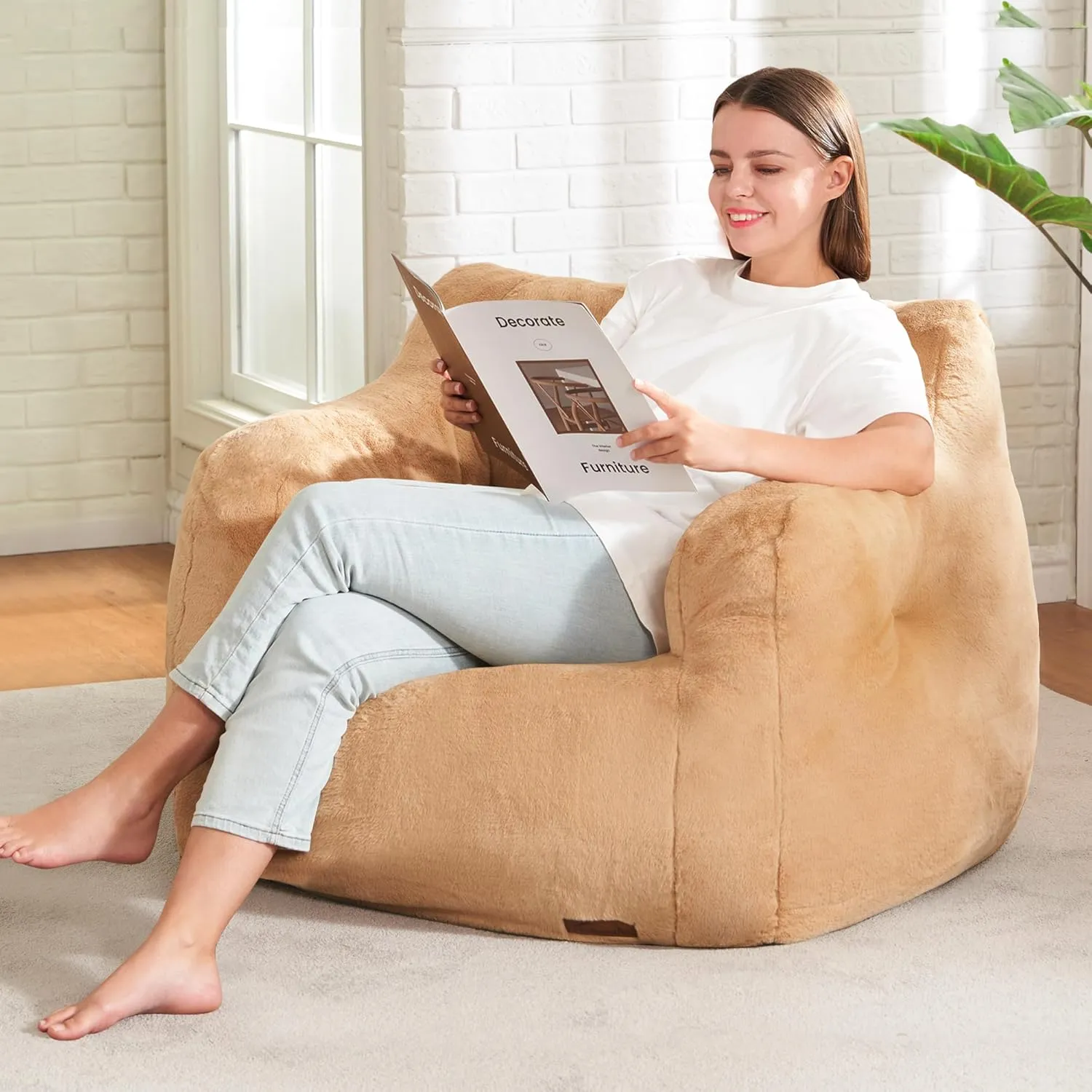 Hobestluk Bean Bag Chair for Adult Small Bean Bag Chairs with Arms Furry Beanbag Chair with Foam Filler Stuffed Bean Bag Sofa for Reading in Bedroom Living Room and Dorms(Khaki)