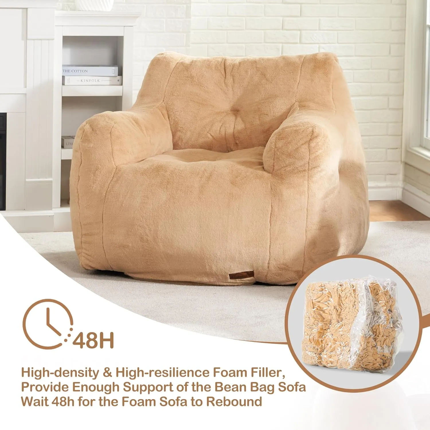 Hobestluk Bean Bag Chair for Adult Small Bean Bag Chairs with Arms Furry Beanbag Chair with Foam Filler Stuffed Bean Bag Sofa for Reading in Bedroom Living Room and Dorms(Khaki)