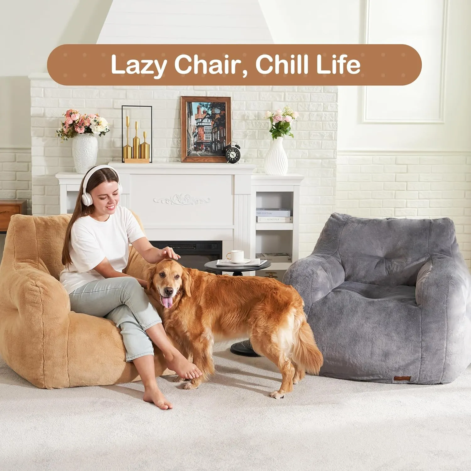 Hobestluk Bean Bag Chair for Adult Small Bean Bag Chairs with Arms Furry Beanbag Chair with Foam Filler Stuffed Bean Bag Sofa for Reading in Bedroom Living Room and Dorms(Khaki)