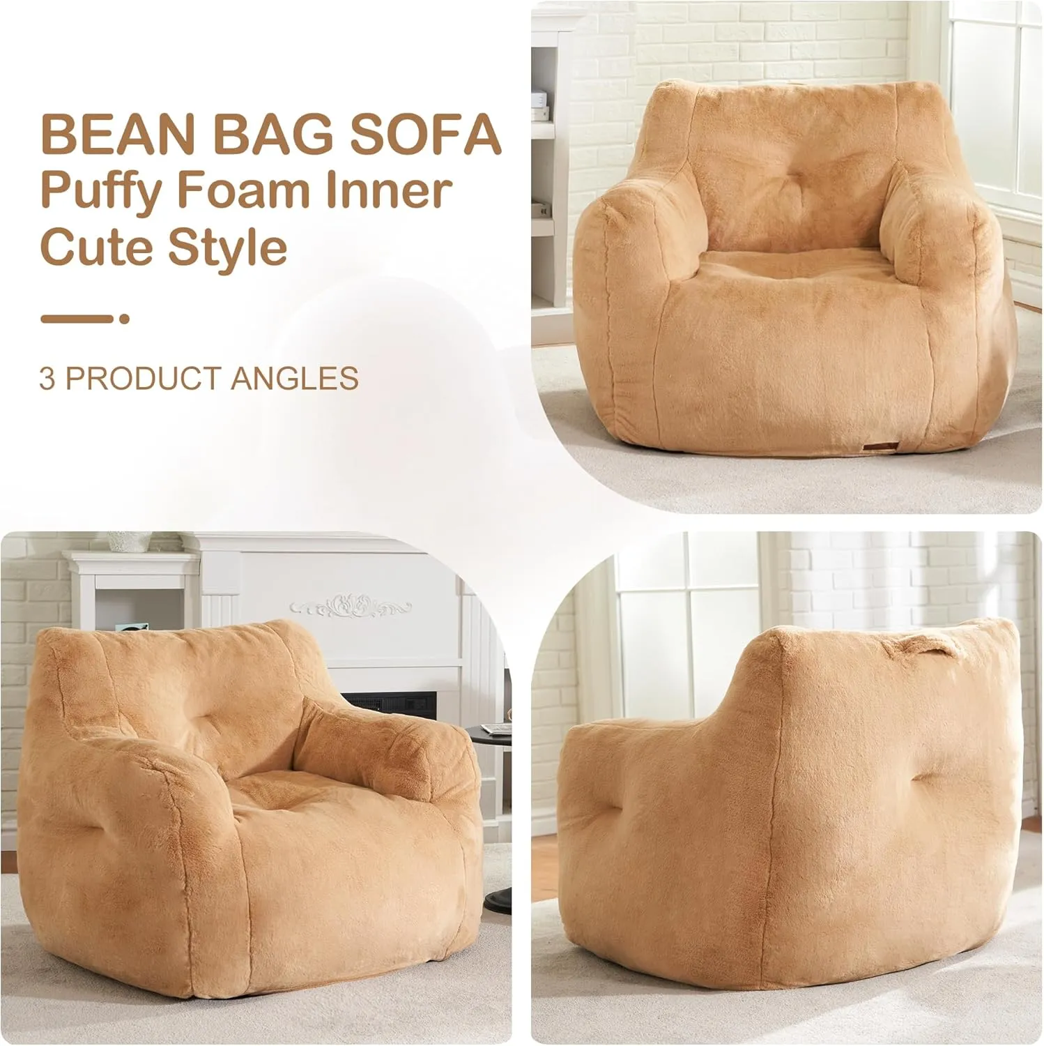 Hobestluk Bean Bag Chair for Adult Small Bean Bag Chairs with Arms Furry Beanbag Chair with Foam Filler Stuffed Bean Bag Sofa for Reading in Bedroom Living Room and Dorms(Khaki)
