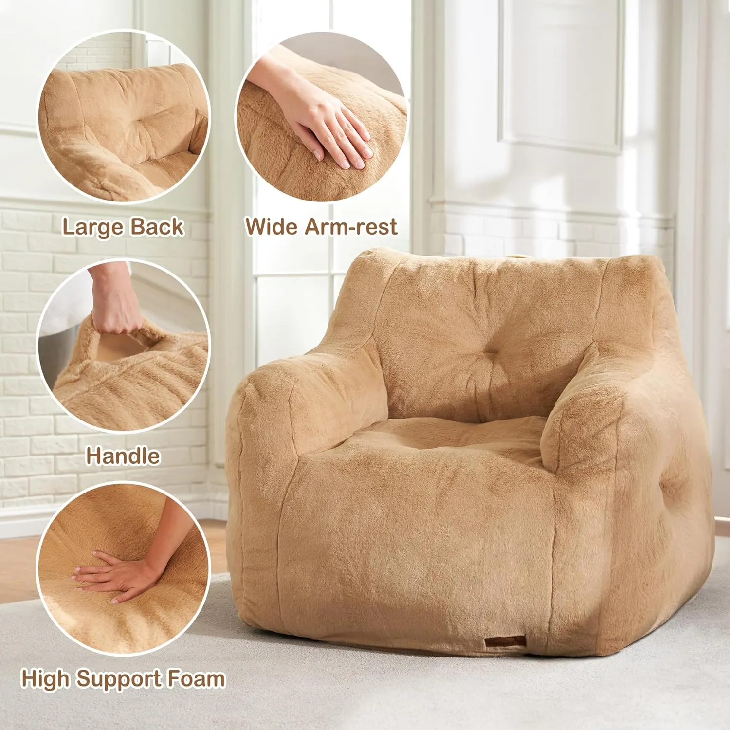 Hobestluk Bean Bag Chair for Adult Small Bean Bag Chairs with Arms Furry Beanbag Chair with Foam Filler Stuffed Bean Bag Sofa for Reading in Bedroom Living Room and Dorms(Khaki)