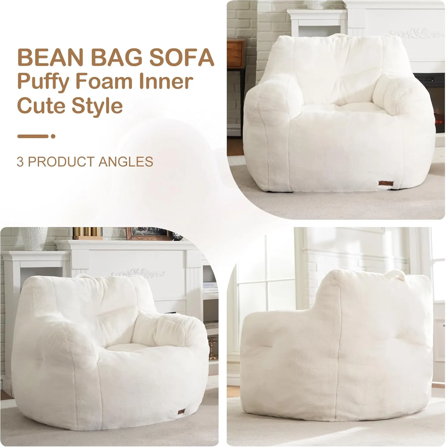 Hobestluk Bean Bag Chair for Adult Small Bean Bag Chairs with Arms Furry Beanbag Chair with Foam Filler Stuffed Bean Bag Sofa for Reading in Bedroom Living Room and Dorms(White)