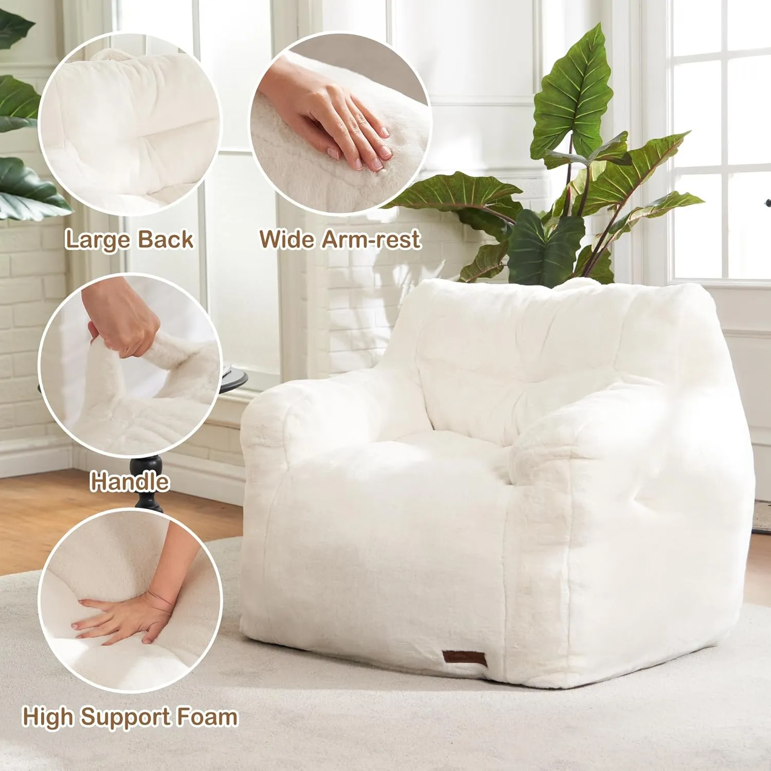 Hobestluk Bean Bag Chair for Adult Small Bean Bag Chairs with Arms Furry Beanbag Chair with Foam Filler Stuffed Bean Bag Sofa for Reading in Bedroom Living Room and Dorms(White)