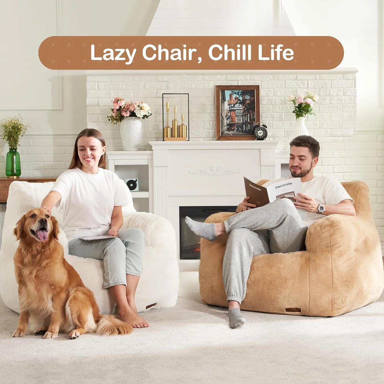 Hobestluk Bean Bag Chair for Adult Small Bean Bag Chairs with Arms Furry Beanbag Chair with Foam Filler Stuffed Bean Bag Sofa for Reading in Bedroom Living Room and Dorms(White)