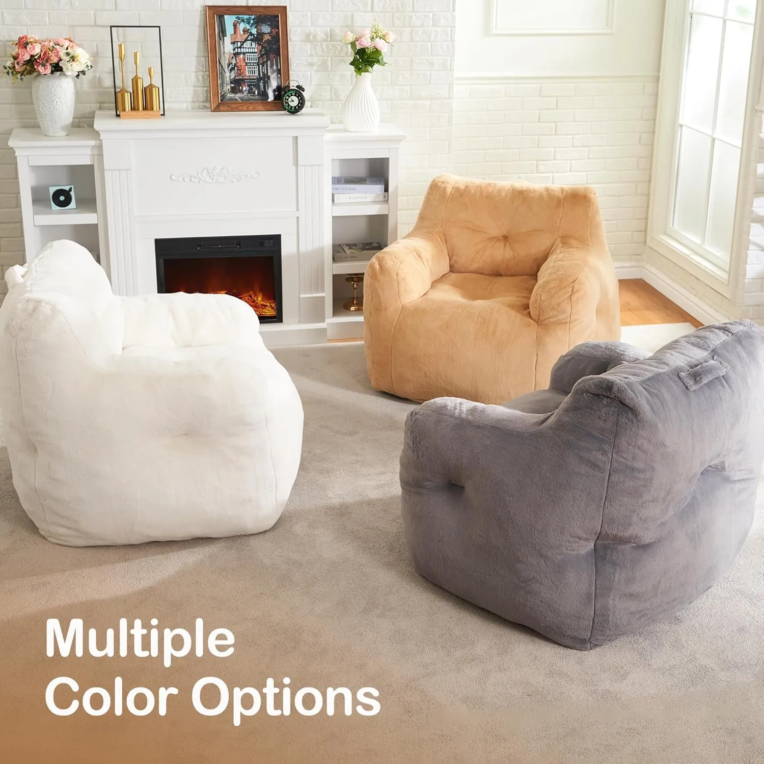 Hobestluk Bean Bag Chair for Adult Small Bean Bag Chairs with Arms Furry Beanbag Chair with Foam Filler Stuffed Bean Bag Sofa for Reading in Bedroom Living Room and Dorms(White)