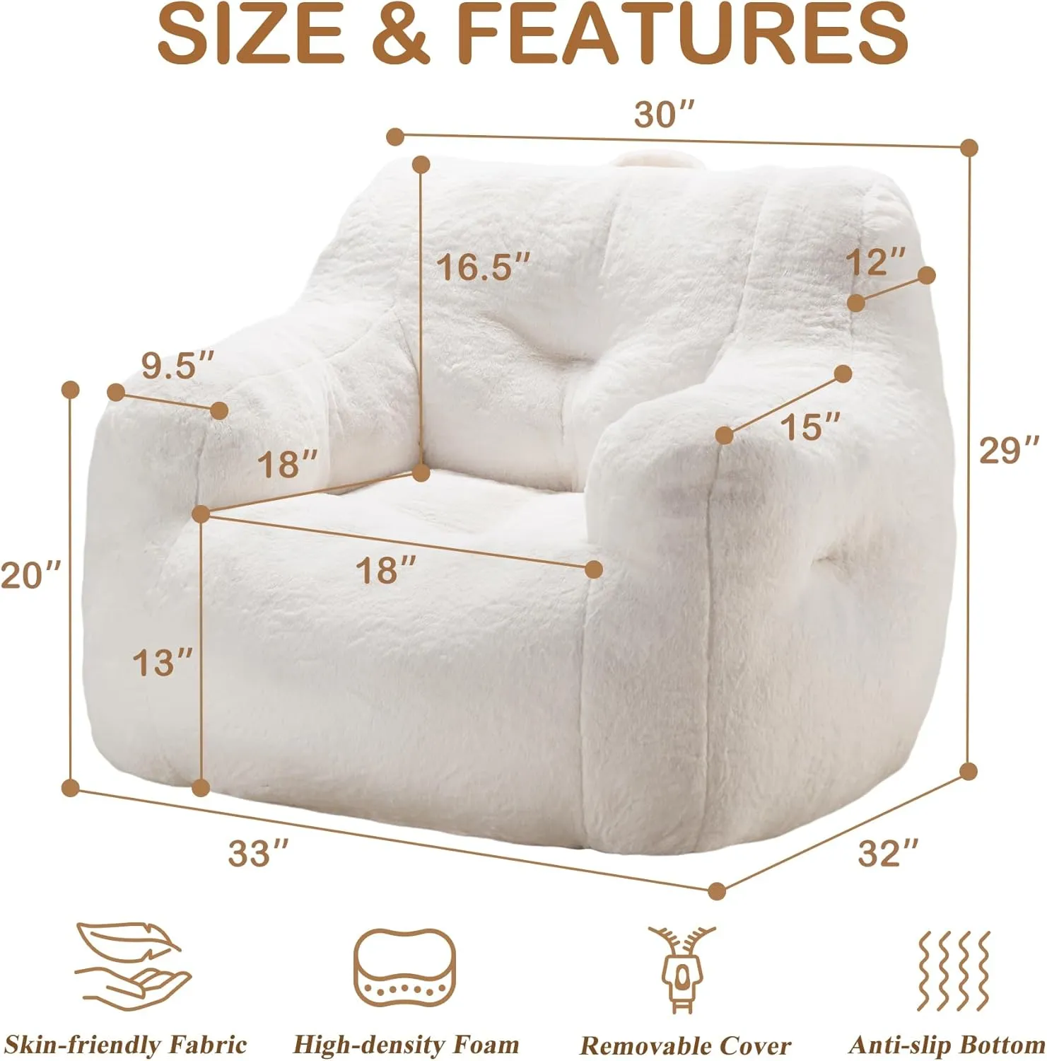 Hobestluk Bean Bag Chair for Adult Small Bean Bag Chairs with Arms Furry Beanbag Chair with Foam Filler Stuffed Bean Bag Sofa for Reading in Bedroom Living Room and Dorms(White)
