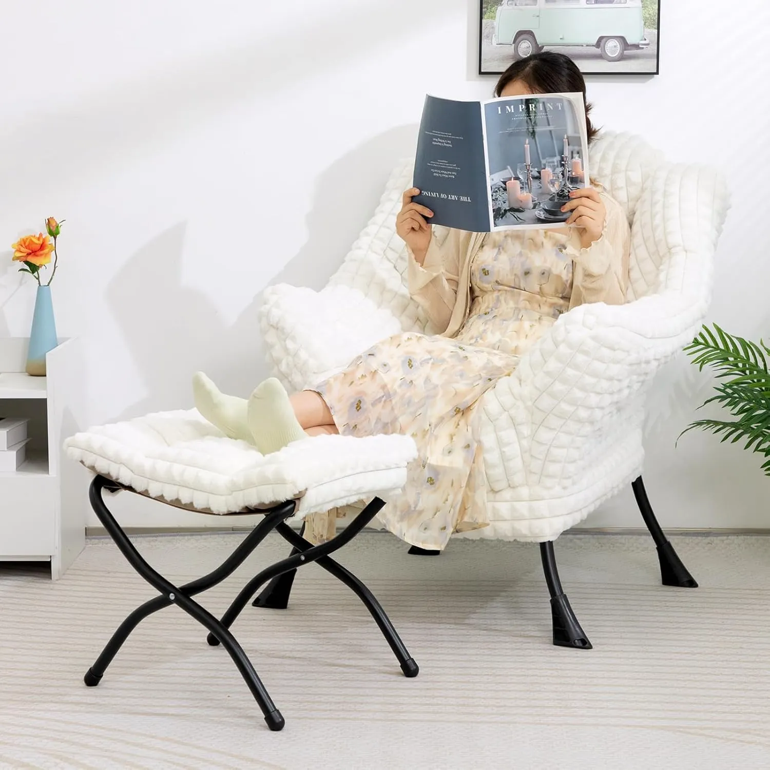 HollyHOME 15"(H) Folding Footrest Stool, Upholstered Small Foldable Ottoman, Accent Padded Sofa Foot Stool for Lazy Chair, Metal Portable Foot Rest Ottoman for Living Room, Bedroom, Faux-Fur White