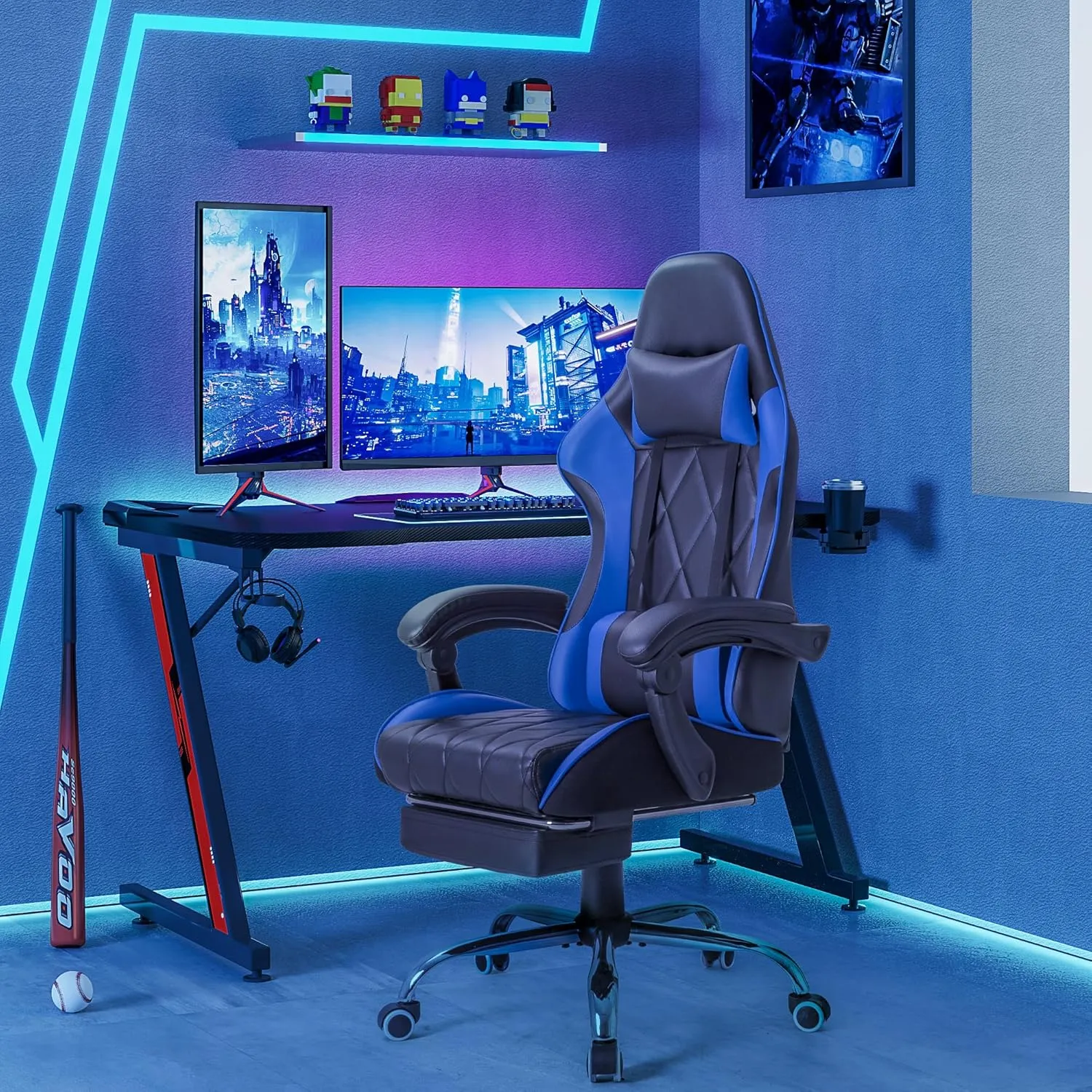 Homall Gaming Chair, Computer Chair with Footrest and Massage Lumbar Support, Ergonomic High Back Video Game Chair with Swivel Seat and Headrest (Blue)