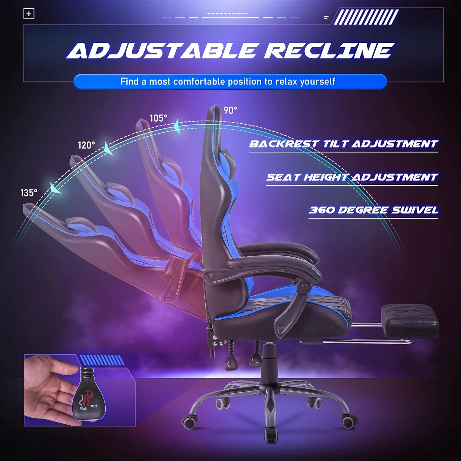 Homall Gaming Chair, Computer Chair with Footrest and Massage Lumbar Support, Ergonomic High Back Video Game Chair with Swivel Seat and Headrest (Blue)