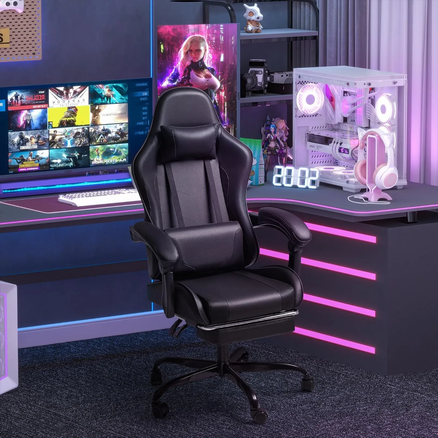 Homall Gaming Chair, Video Game Chair with Footrest and Massage Lumbar Support, Ergonomic Computer Chair Height Adjustable with Swivel Seat and Headrest (Dark Black)