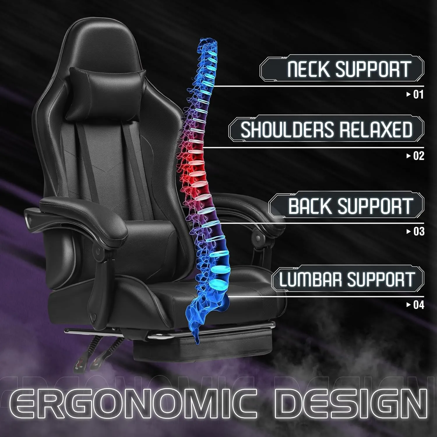 Homall Gaming Chair, Video Game Chair with Footrest and Massage Lumbar Support, Ergonomic Computer Chair Height Adjustable with Swivel Seat and Headrest (Dark Black)