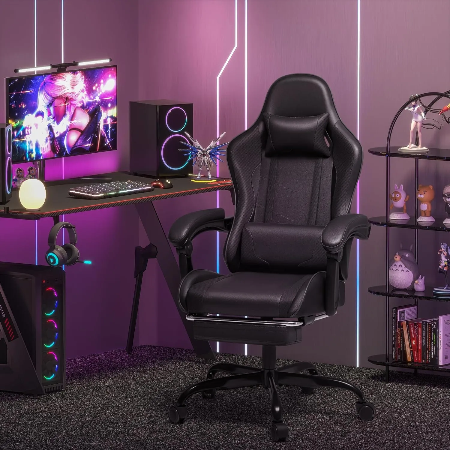 Homall Gaming Chair, Video Game Chair with Footrest and Massage Lumbar Support, Ergonomic Computer Chair Height Adjustable with Swivel Seat and Headrest (Dark Black)