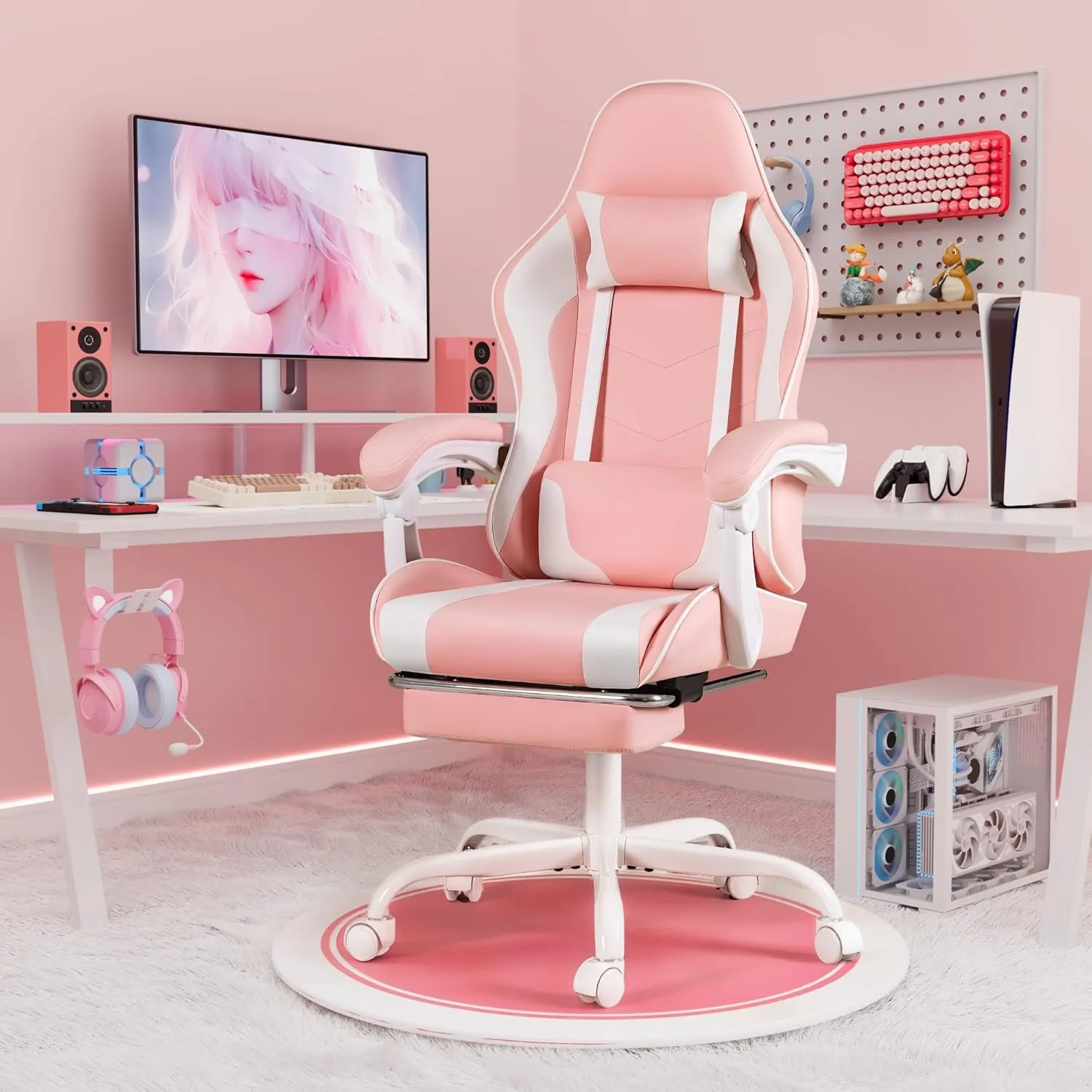 Homall Gaming Chair, Video Game Chair with Footrest and Massage Lumbar Support, Ergonomic Computer Chair Height Adjustable with Swivel Seat and Headrest (Pink)