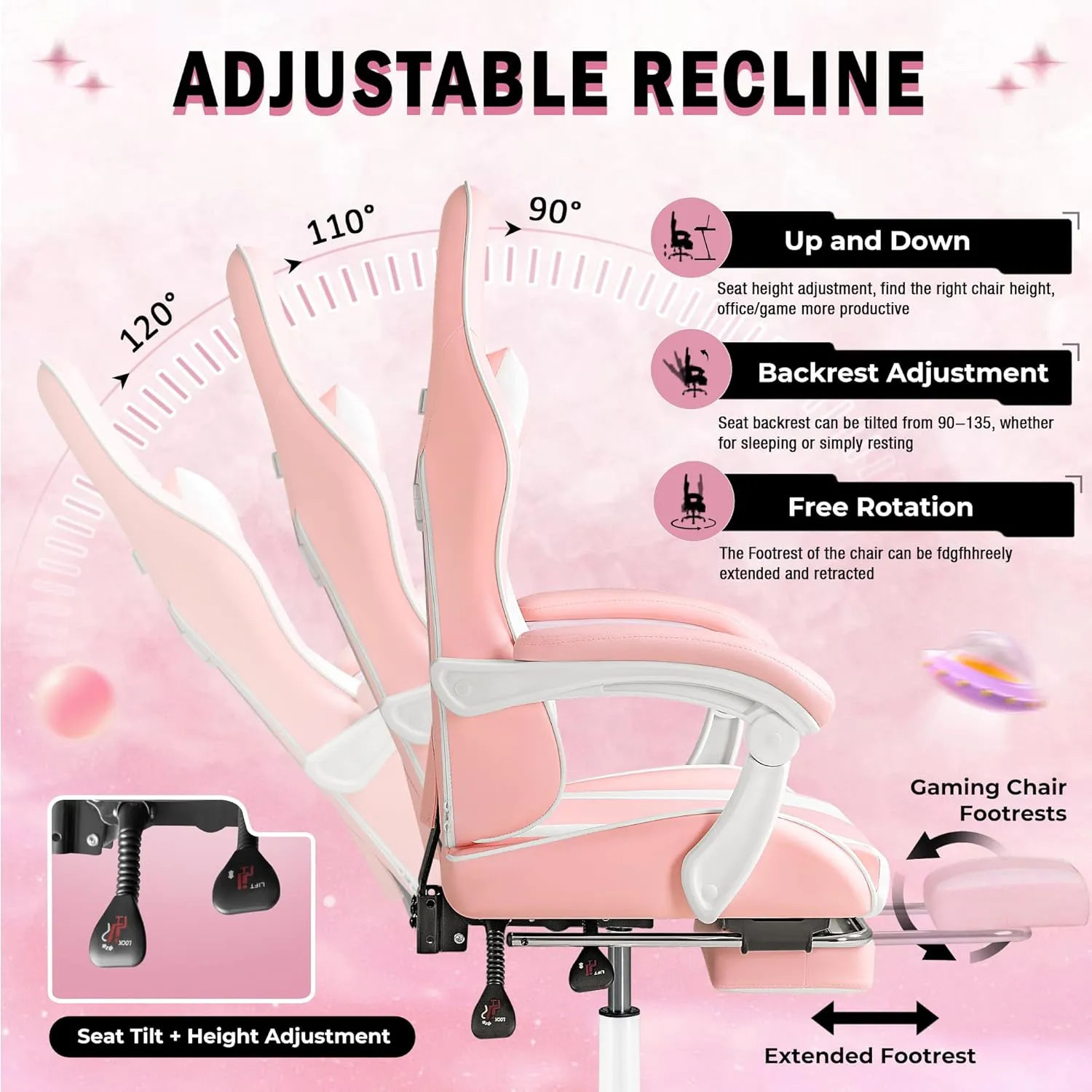 Homall Gaming Chair, Video Game Chair with Footrest and Massage Lumbar Support, Ergonomic Computer Chair Height Adjustable with Swivel Seat and Headrest (Pink)