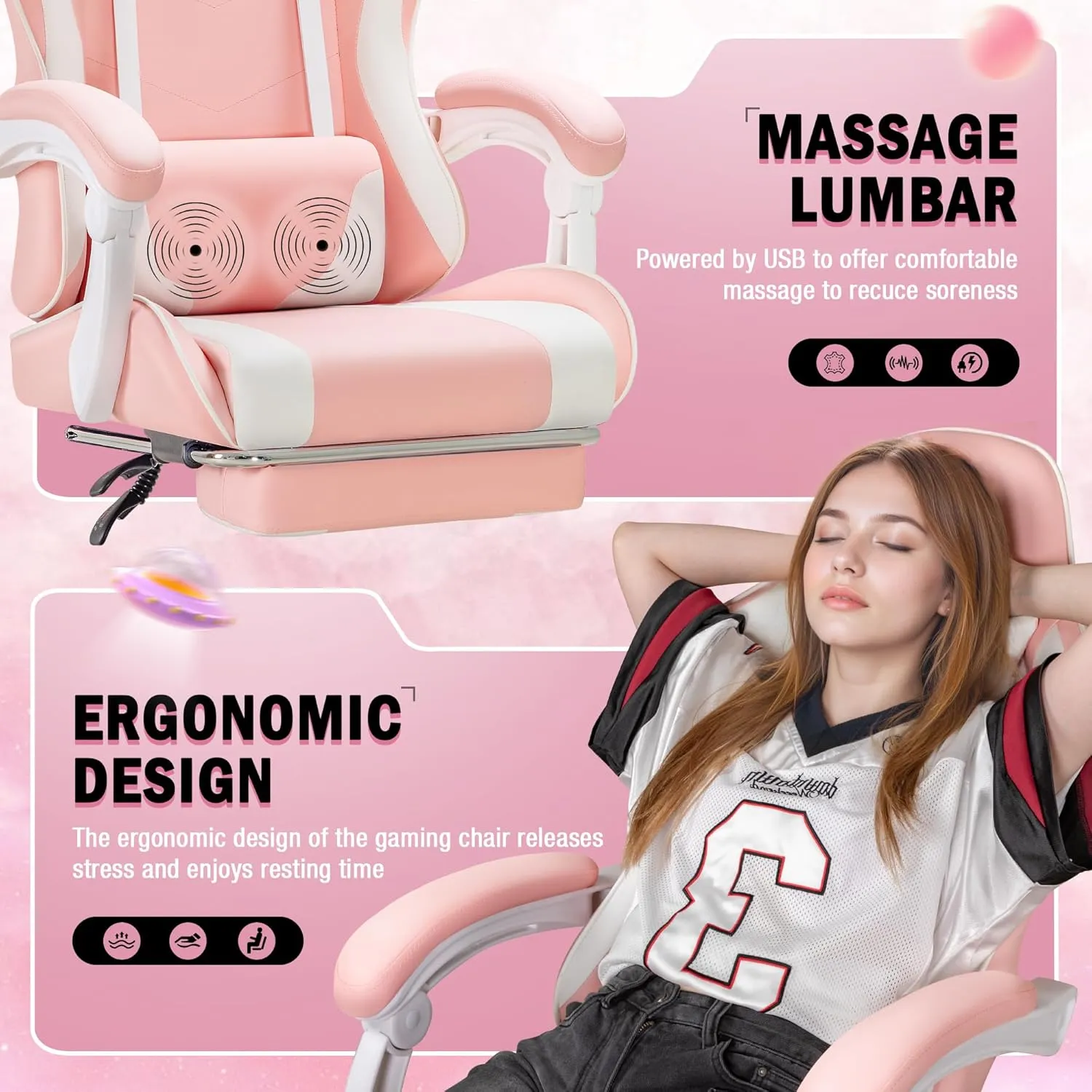 Homall Gaming Chair, Video Game Chair with Footrest and Massage Lumbar Support, Ergonomic Computer Chair Height Adjustable with Swivel Seat and Headrest (Pink)