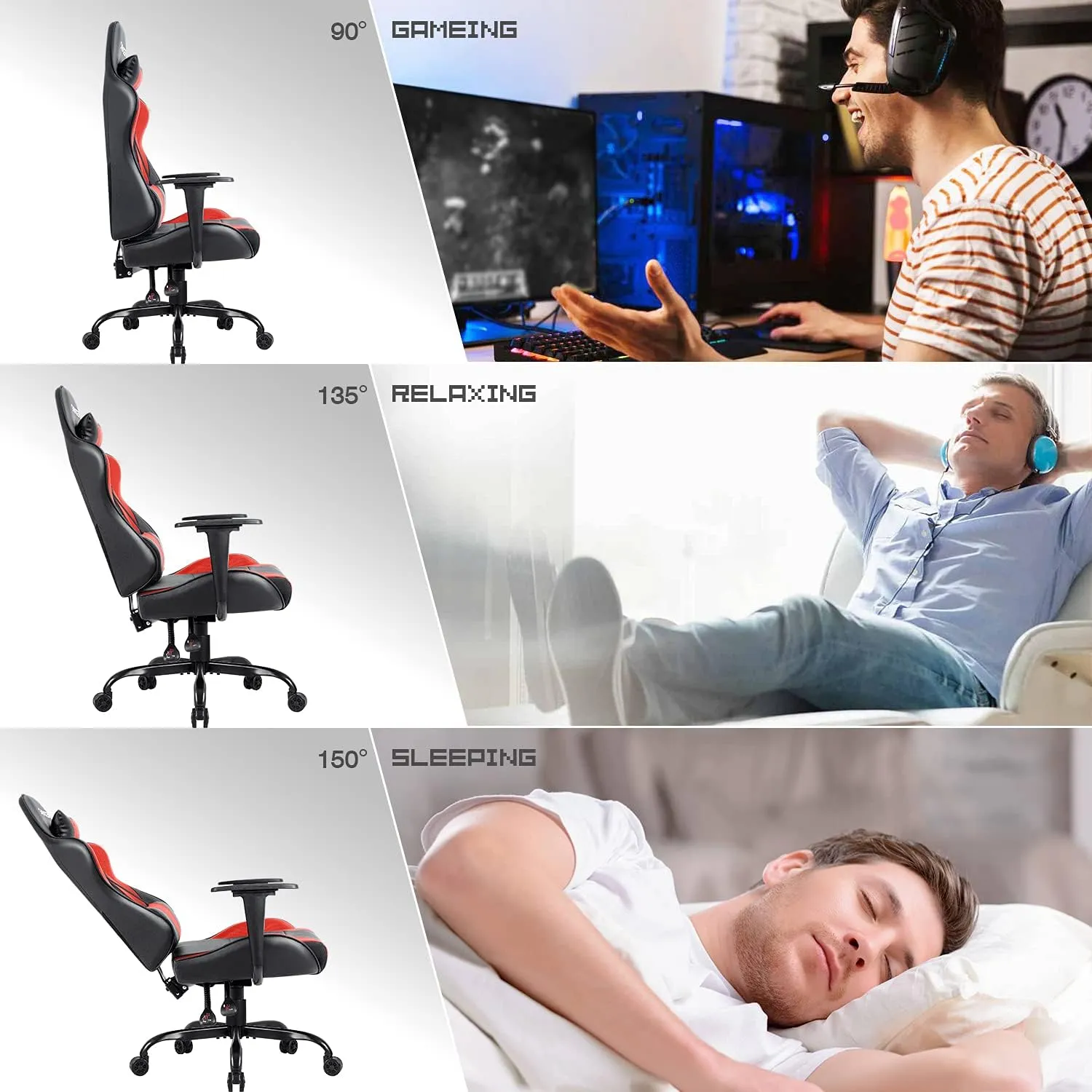 Homall Gaming Office Chair - High Back Racing Desk Chair with Headrest, PU Leather, Adjustable Seat Height, Swivel, Ergonomic Executive for Adults (Red)