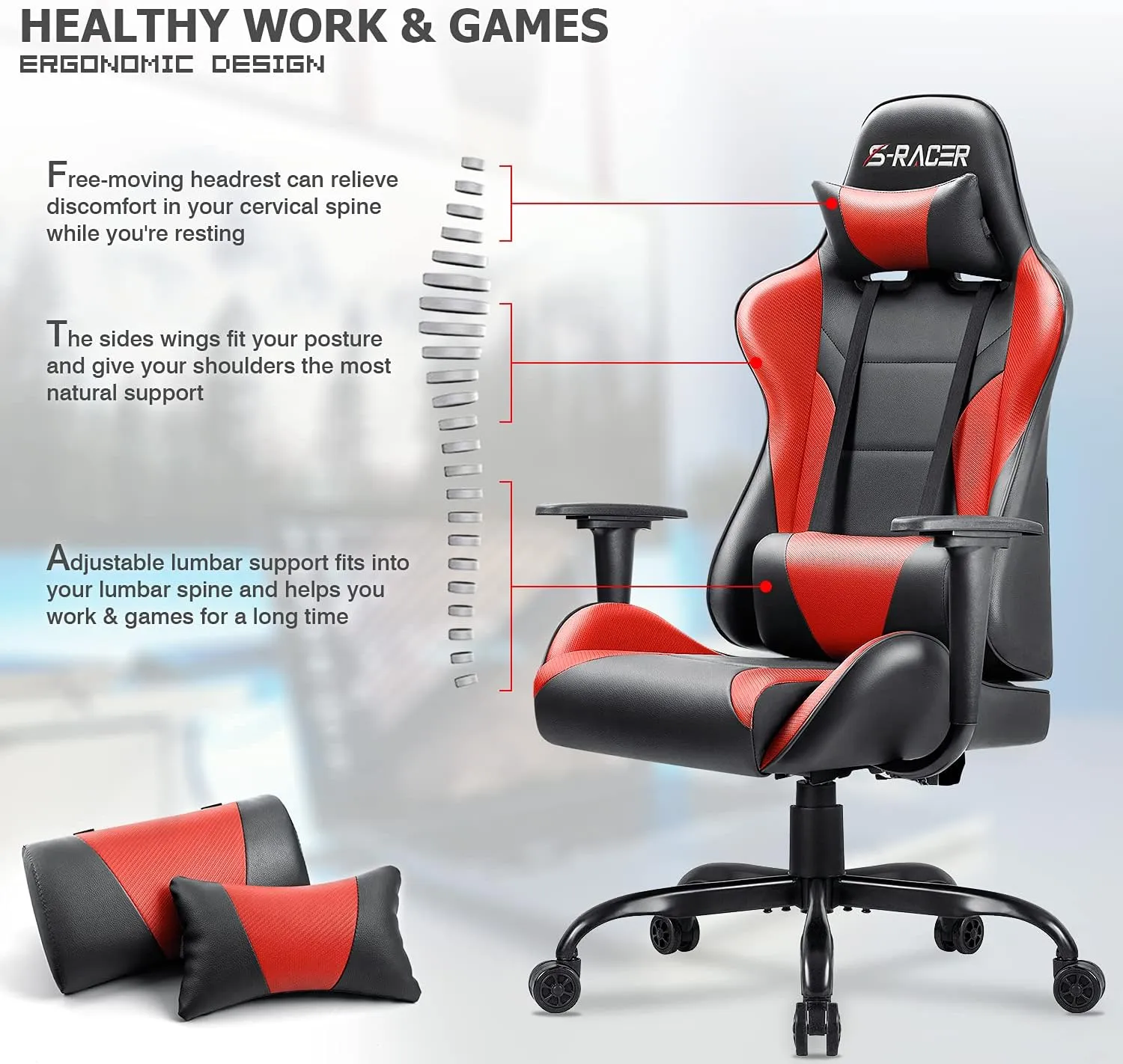 Homall Gaming Office Chair - High Back Racing Desk Chair with Headrest, PU Leather, Adjustable Seat Height, Swivel, Ergonomic Executive for Adults (Red)