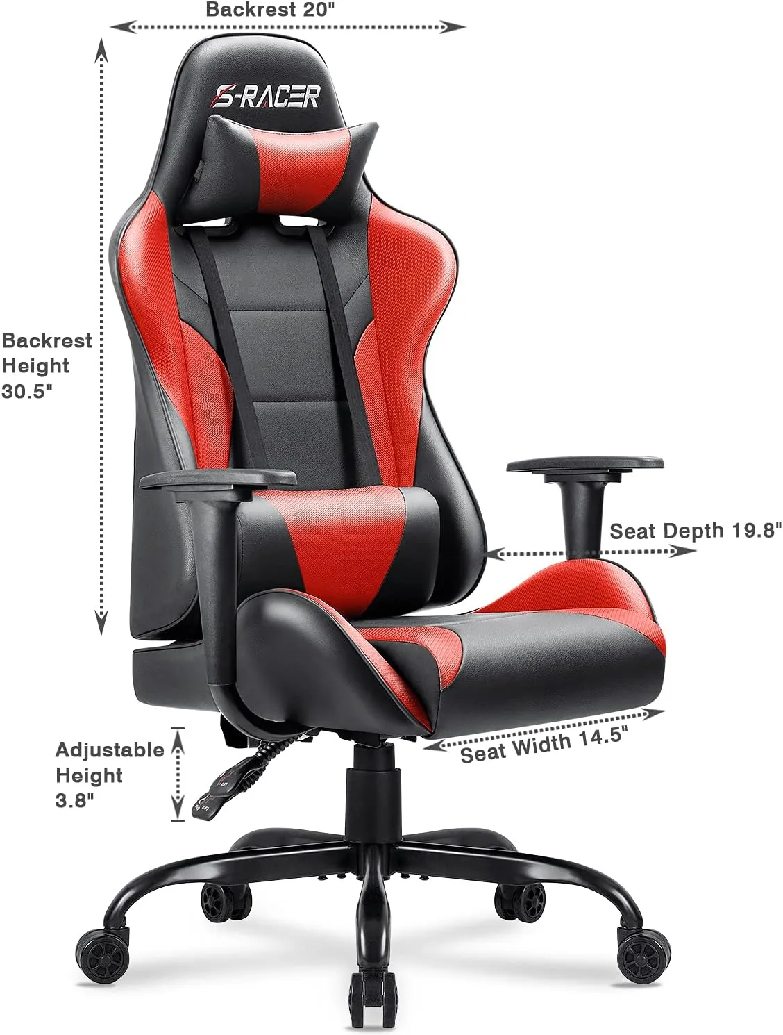 Homall Gaming Office Chair - High Back Racing Desk Chair with Headrest, PU Leather, Adjustable Seat Height, Swivel, Ergonomic Executive for Adults (Red)