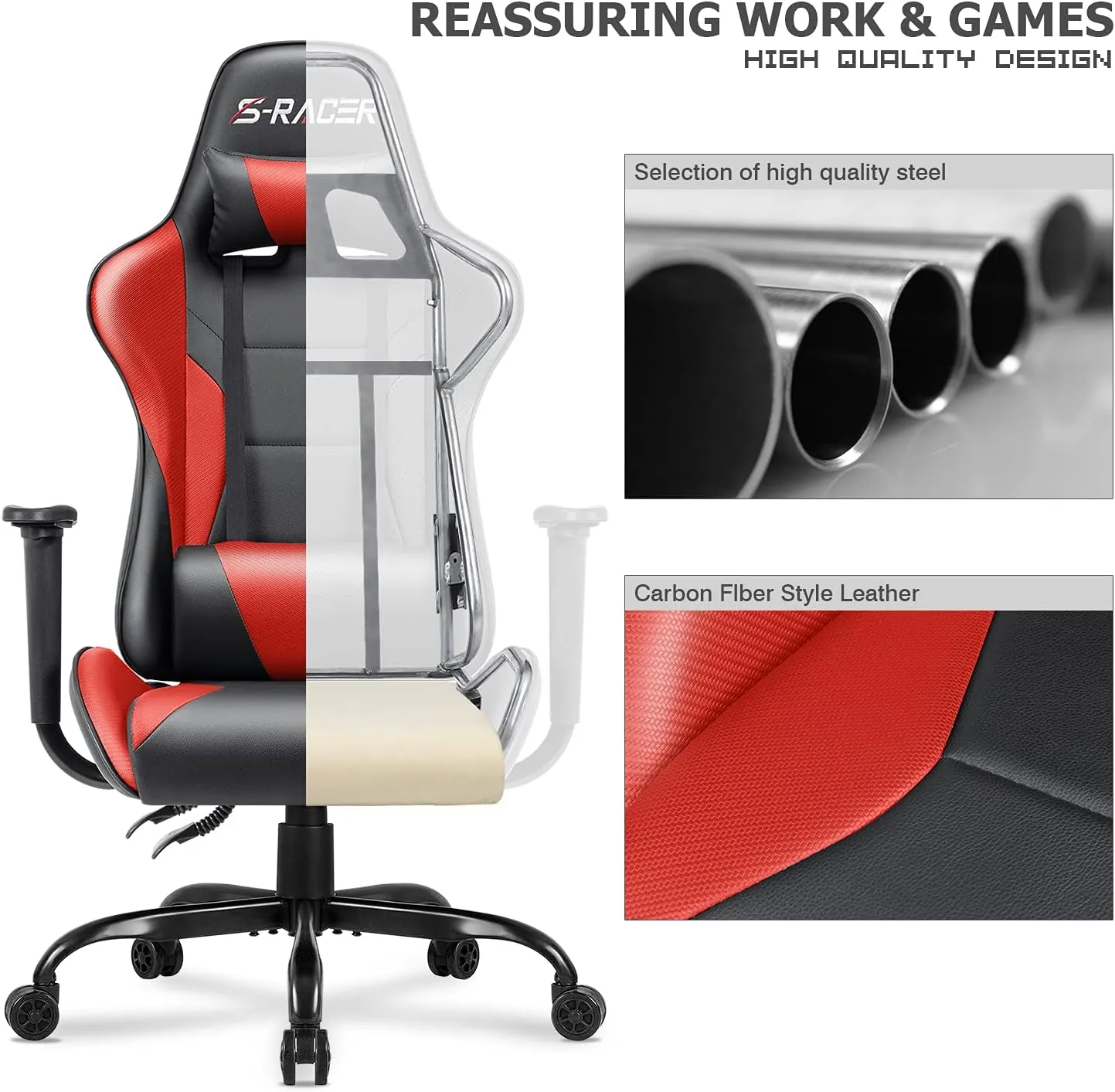 Homall Gaming Office Chair - High Back Racing Desk Chair with Headrest, PU Leather, Adjustable Seat Height, Swivel, Ergonomic Executive for Adults (Red)