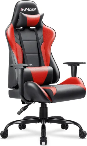Homall Gaming Office Chair - High Back Racing Desk Chair with Headrest, PU Leather, Adjustable Seat Height, Swivel, Ergonomic Executive for Adults (Red)