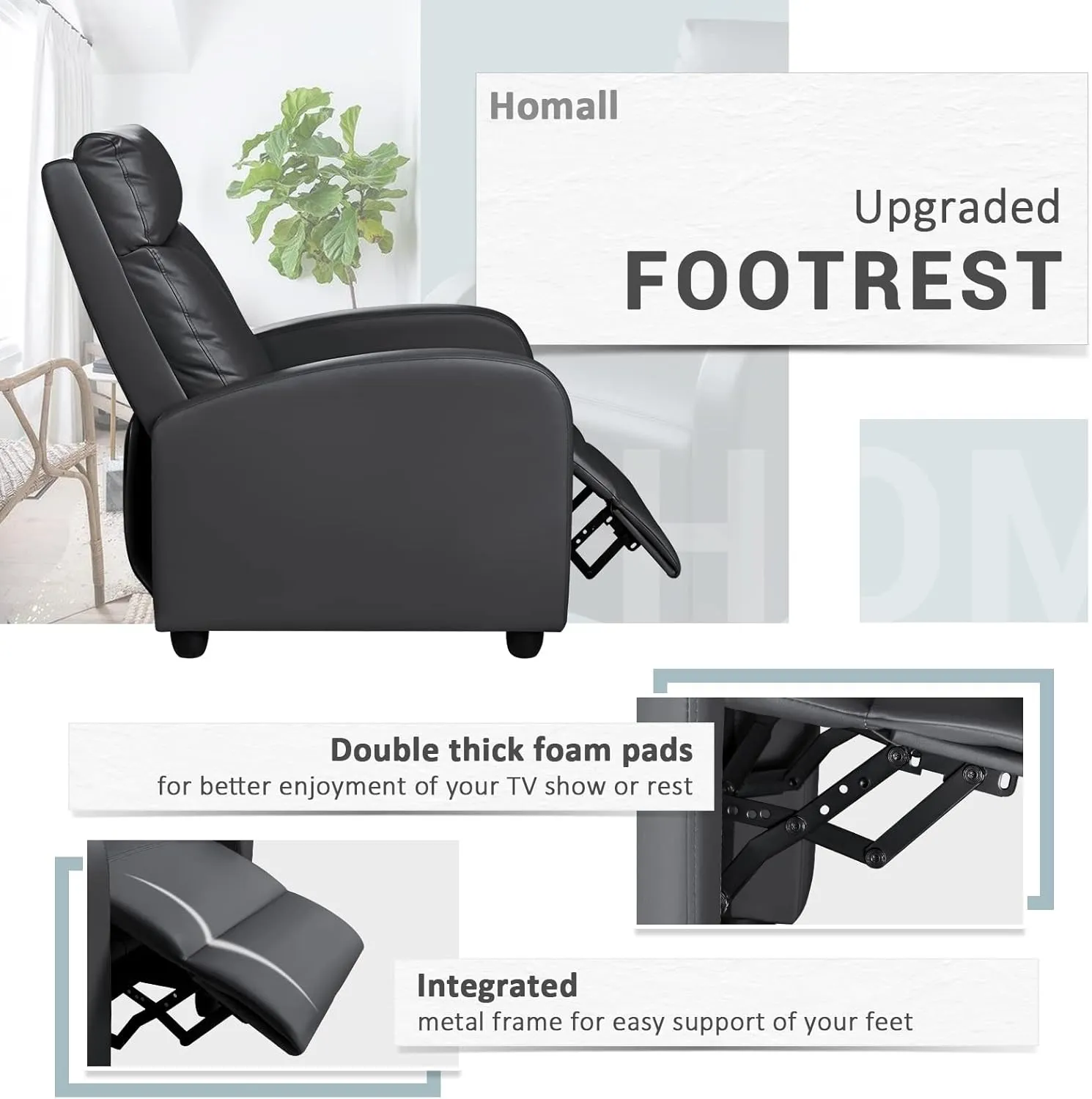 Homall Recliner Chair, Recliner Sofa for Adults, Recliners Home Theater Seating with Lumbar Support, Reclining Sofa Chair for Living Room (Leather, Dark Black)