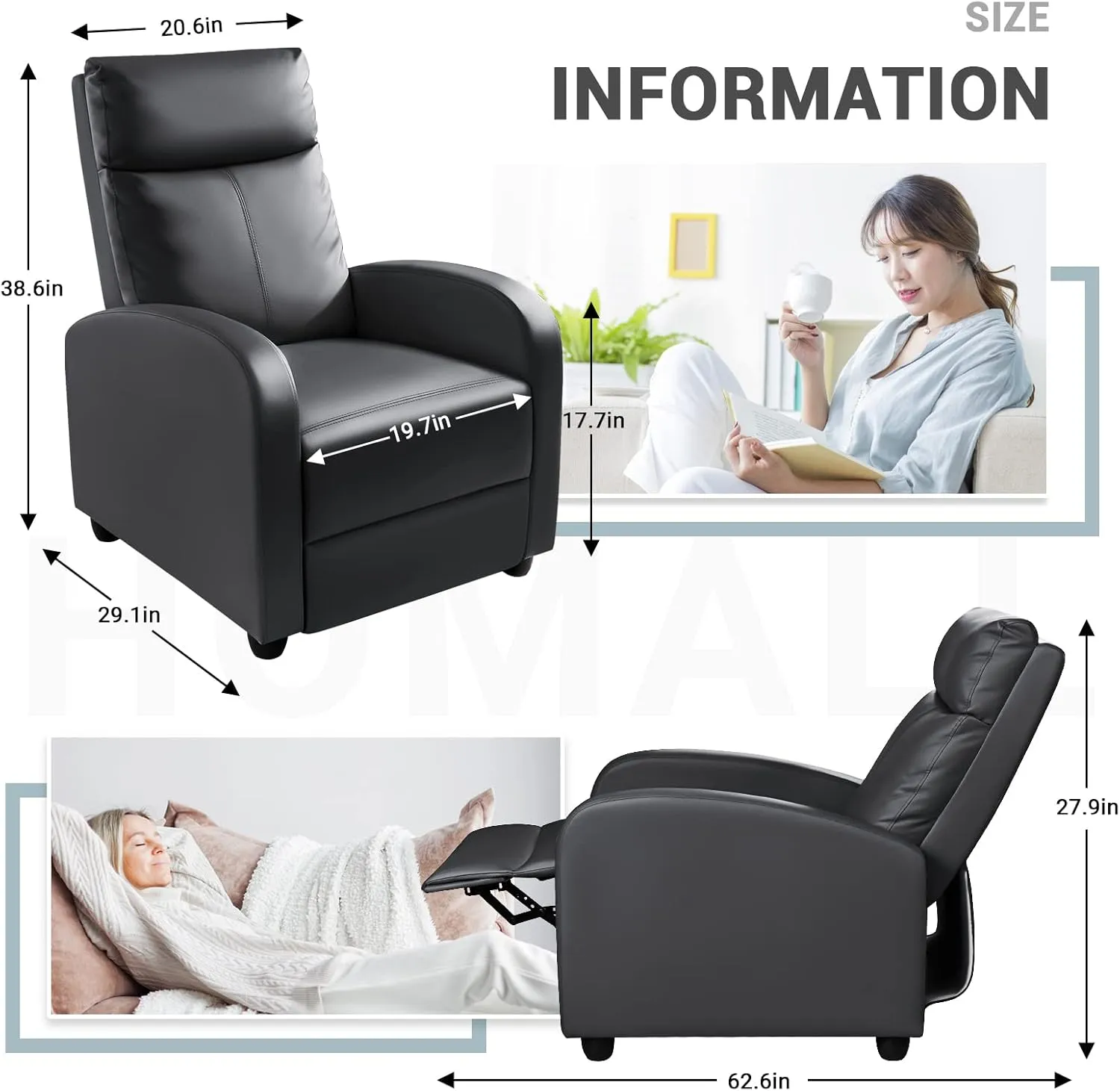 Homall Recliner Chair, Recliner Sofa for Adults, Recliners Home Theater Seating with Lumbar Support, Reclining Sofa Chair for Living Room (Leather, Dark Black)