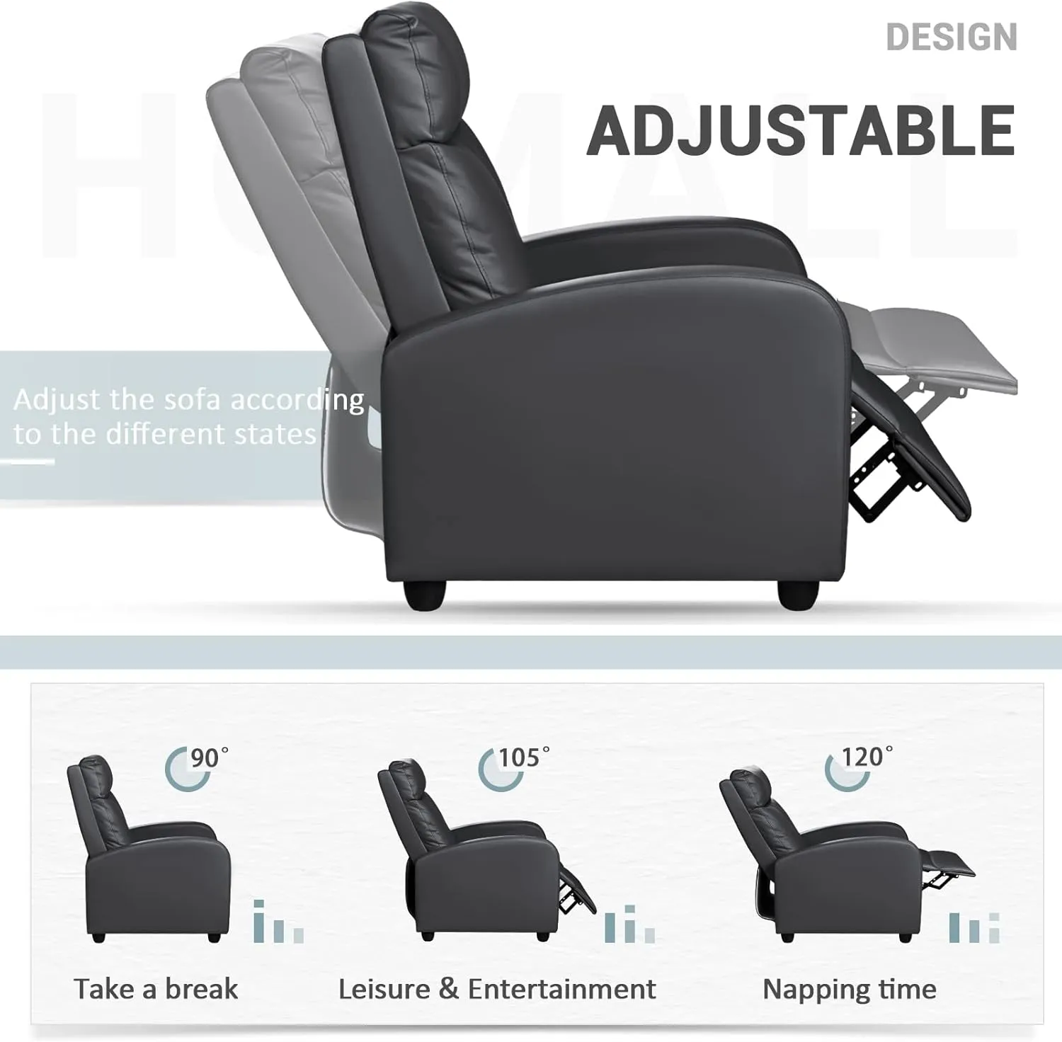 Homall Recliner Chair, Recliner Sofa for Adults, Recliners Home Theater Seating with Lumbar Support, Reclining Sofa Chair for Living Room (Leather, Dark Black)